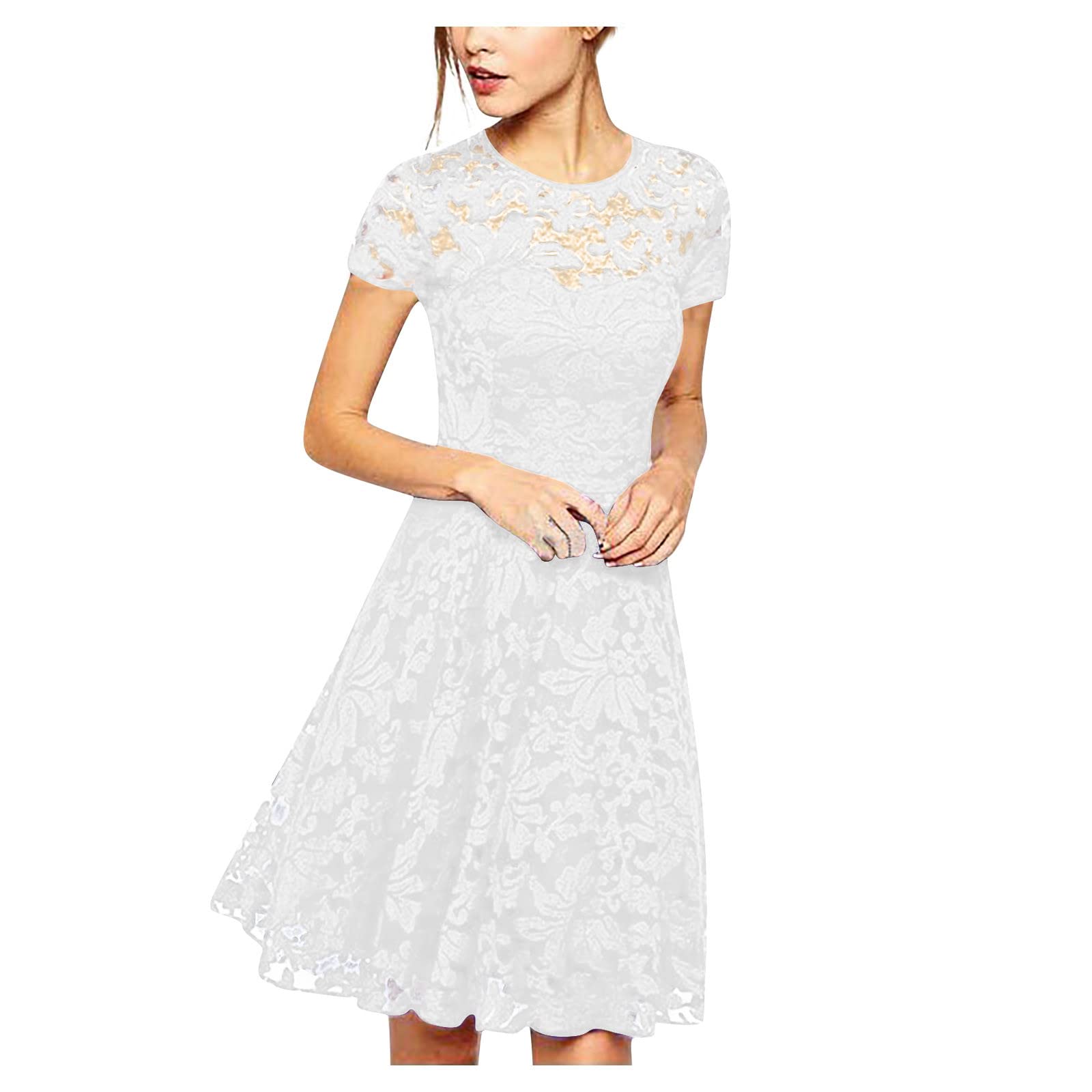 Elegant Summer Wedding Guest Dress for Women - Crewneck Short Sleeve Lace Hollow A-Line Party Dress with Lining | Perfect for Garden Weddings, Cocktail Parties & Formal Events