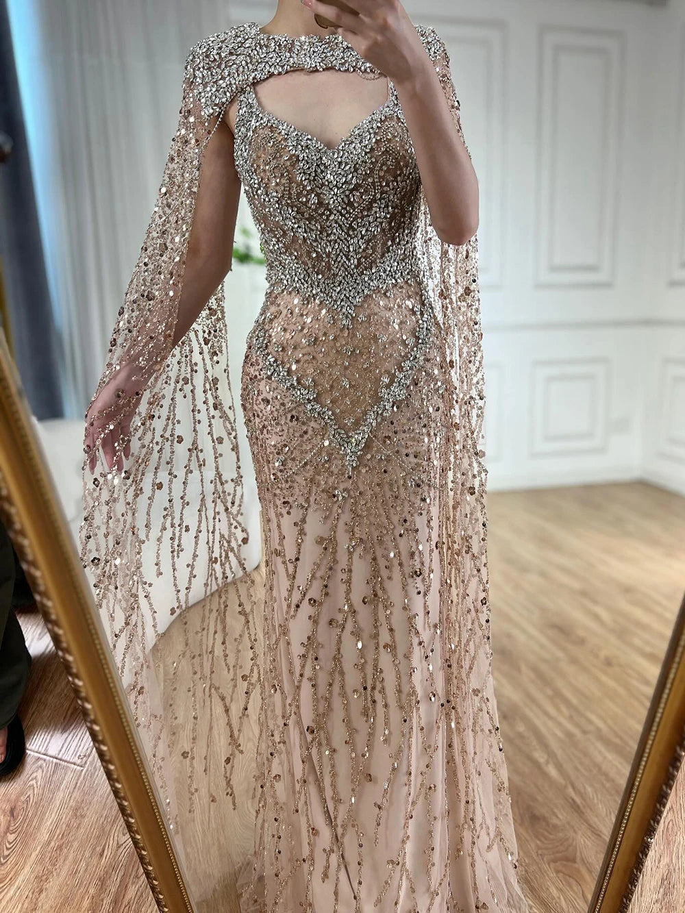 Elegant Nude Mermaid Evening Dress with Beaded Crystal Removable Cape Sleeves - Formal Gown for Prom, Wedding & Red Carpet Events | Serene Hill LA72539