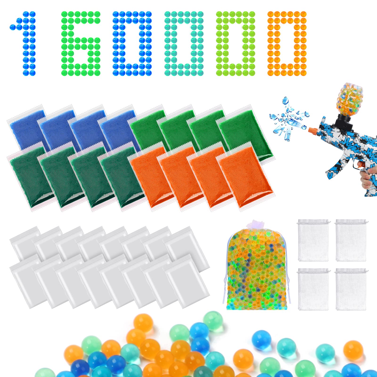 7.5mm Splatter Ball Gun Ammo - 16 Pack (160,000 Counts) | Degradable Gel Blaster Refill Bullets | 7-8mm Water Beads for Splat Ball Guns | Colorful Non-Toxic Ammo - Perfect for Outdoor Battles, Team Games & Target Practice