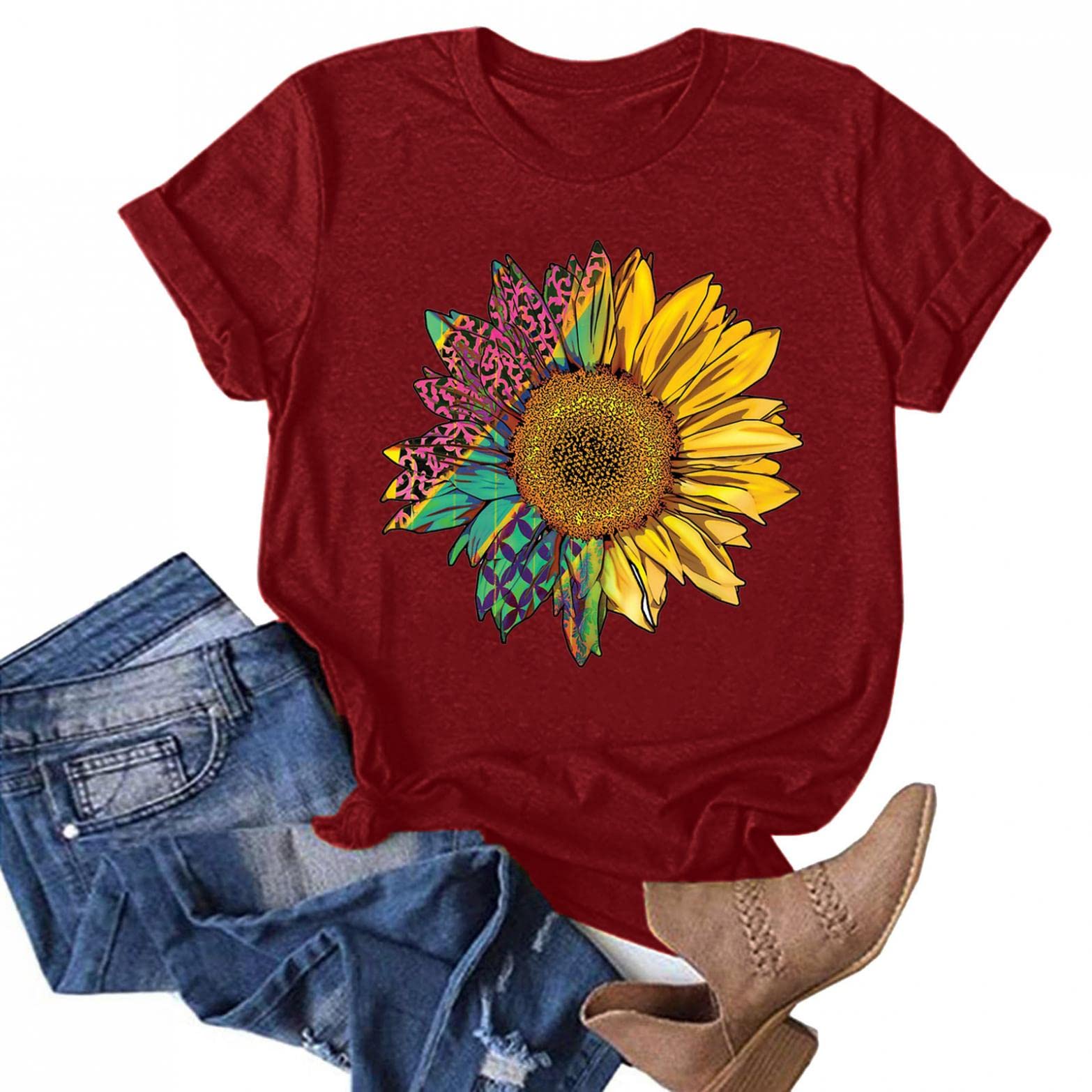 Trendy Women's Summer Tops 2022 - Short Sleeve Graphic V-Neck Sunflower Print Tee Shirt, Loose Comfortable Blouse in Wine Red | Casual Outfit, Beach Wear, Vacation Essentials