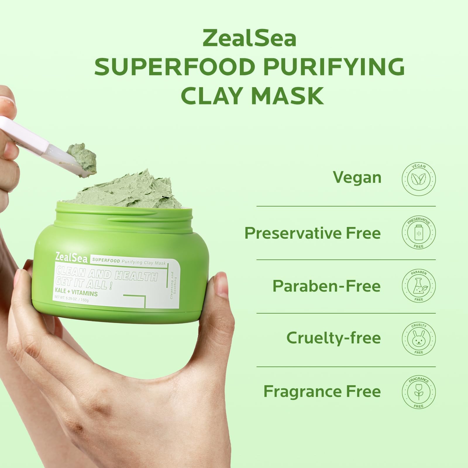 ZealSea Superfood Purifying Clay Mask with Kale & Vitamin C/E - Anti-Acne, Pore Tightening, Brightening Facial Mask for Detox & Nourishment (150g) - Perfect for Spa Nights & Self-Care Routines