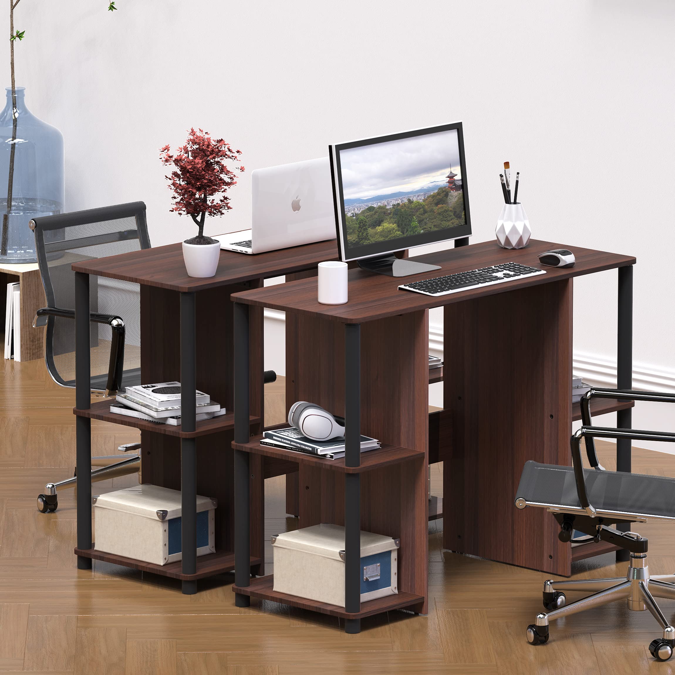 SHW Home Office Wood Desk with Double Sided Shelves - Cherry Finish Computer Writing Desk for Small Spaces, Study Room & Modern Workspaces