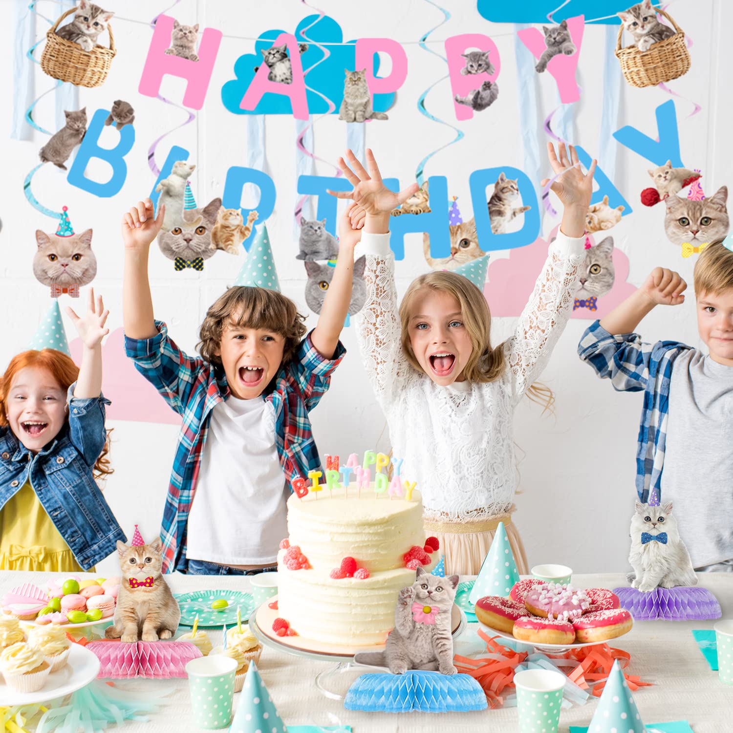 16 Pcs Cat Birthday Party Supplies Kit - Includes Happy Birthday Banner, Hanging Cutouts, Swirl Decorations & Honeycomb Centerpieces for Kitten Themed Parties | Perfect for Cat Lovers' Birthday Celebrations, Baby Showers & Pet Adoption Events