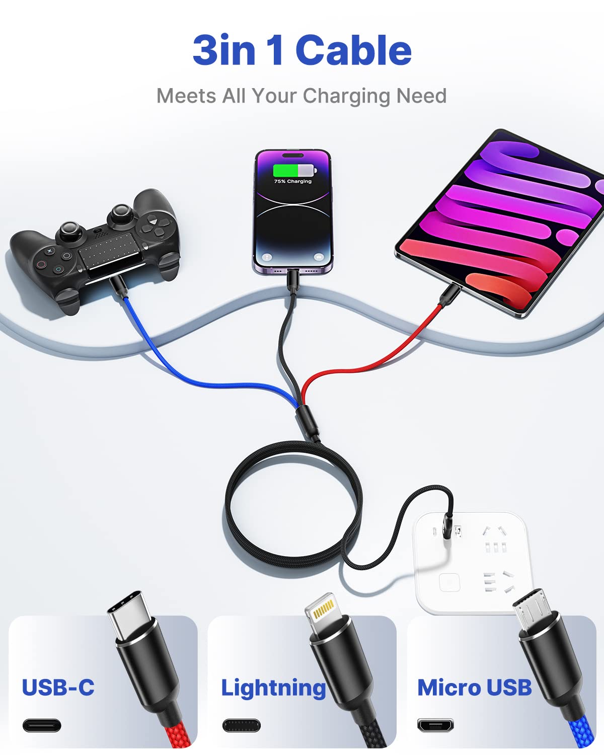 Thoolor 3-in-1 Nylon Braided Charging Cable (4FT, 2-Pack) - USB C, Micro USB & Lightning Compatible with iPhone, Android, iPad - Perfect for Home, Office & Travel Charging