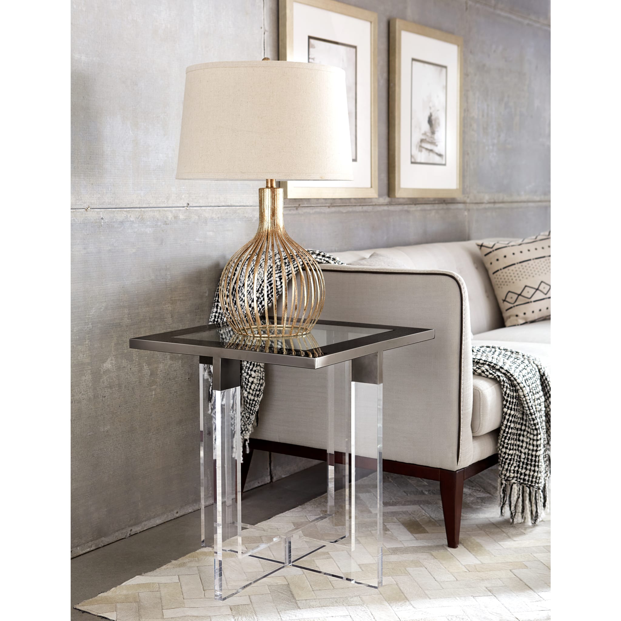 Modern Bastian End Table - Clear Acrylic & Gunmetal Stainless Steel Nightstand for Living Room, Bedroom, or Office Decor