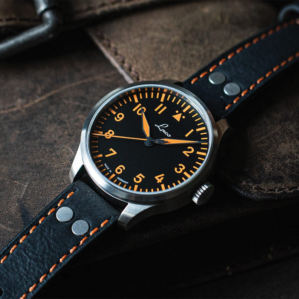 Pilot Basic Neapel Automatic 39mm Black/Orange Leather Strap Watch for Men - Stylish Casual & Business Wear, Perfect for Daily Use, Office, and Special Occasions