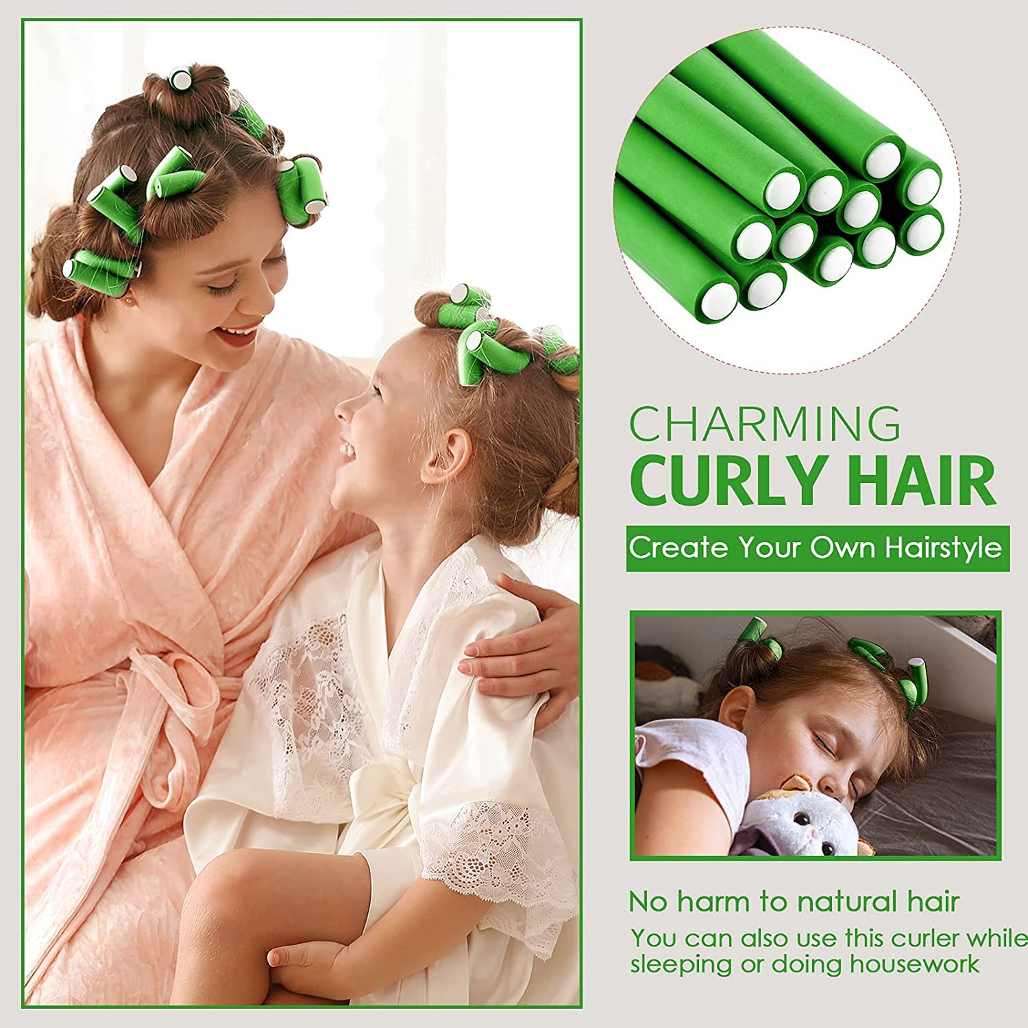 SIYAA 20 Pack Flexible Curling Rods - No Heat Soft Foam Hair Rollers & Twist Curlers with Steel Pintail Comb - Hair Styling Tools for Women & Girls (Green) - Perfect for Home Salon, DIY Hairstyles & Professional Styling