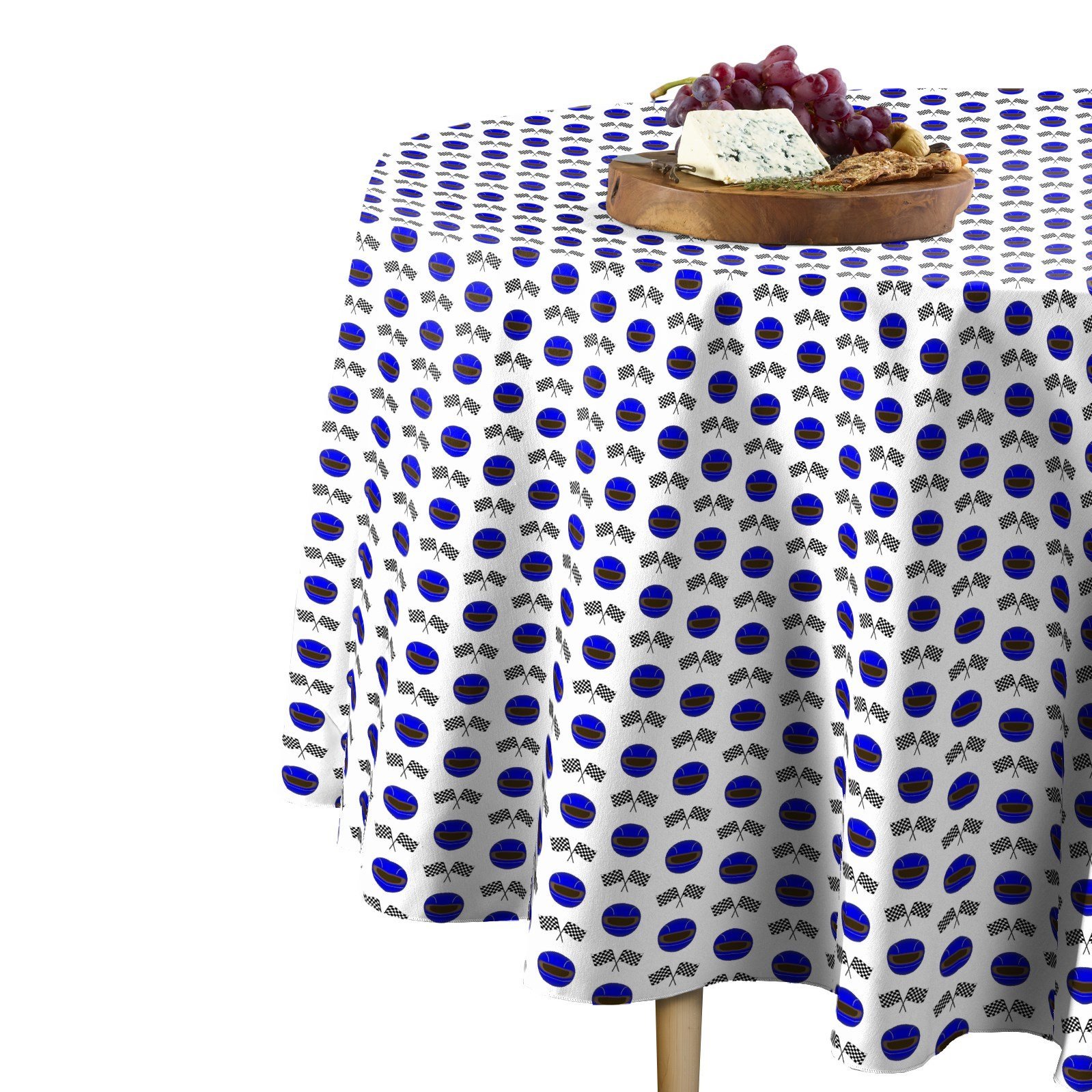 100% Milliken Polyester Round Tablecloth - 120 Inch Machine Washable Fabric Textile - Blue Helmets & Racing Flags Design for Dining Room, Party Decor, and Outdoor Events