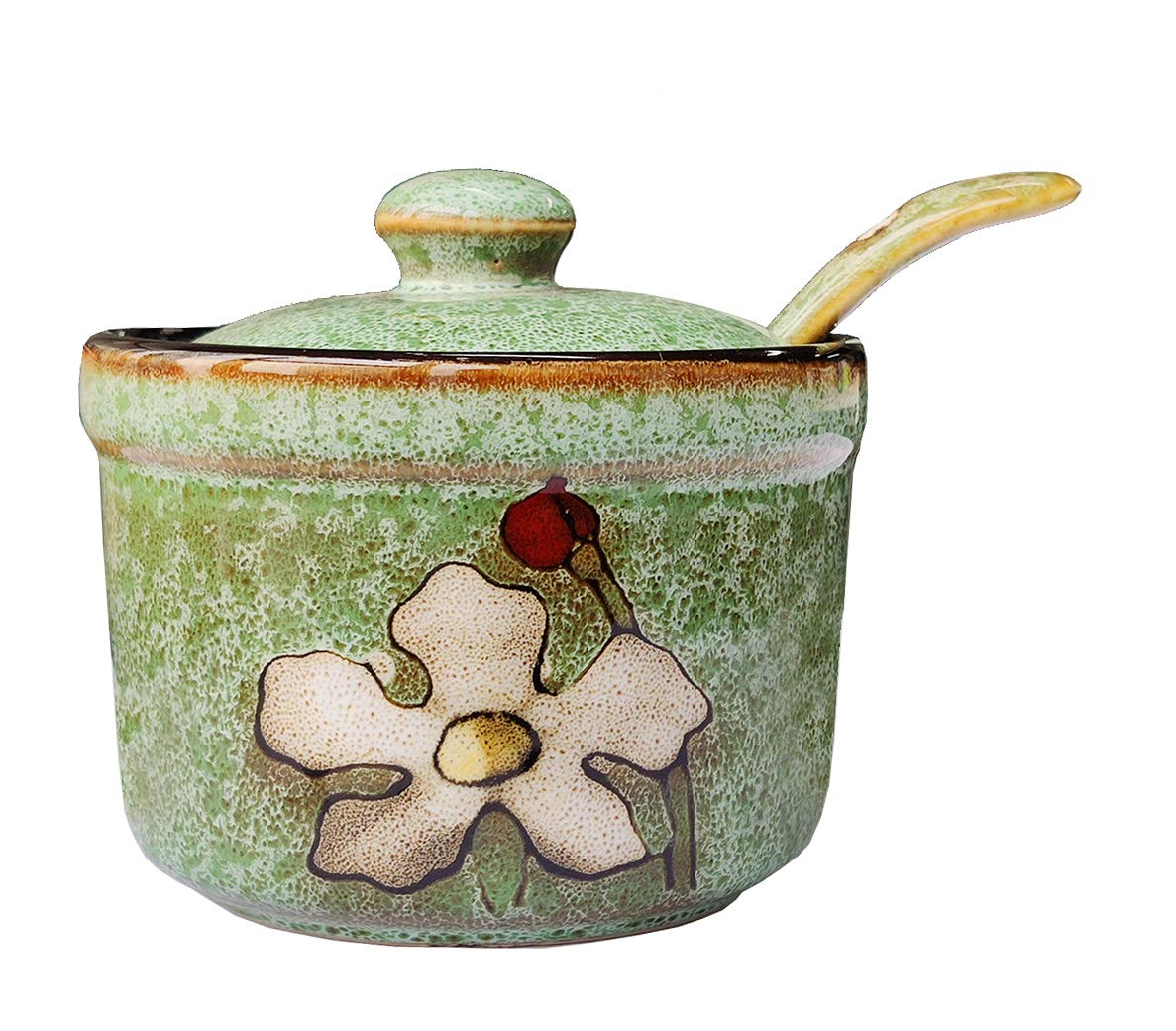 Vintage Ceramic Sugar Salt Pepper Shaker Set with Lid & Spoon - Retro Floral Design for Kitchen, Dining Table & Spice Storage