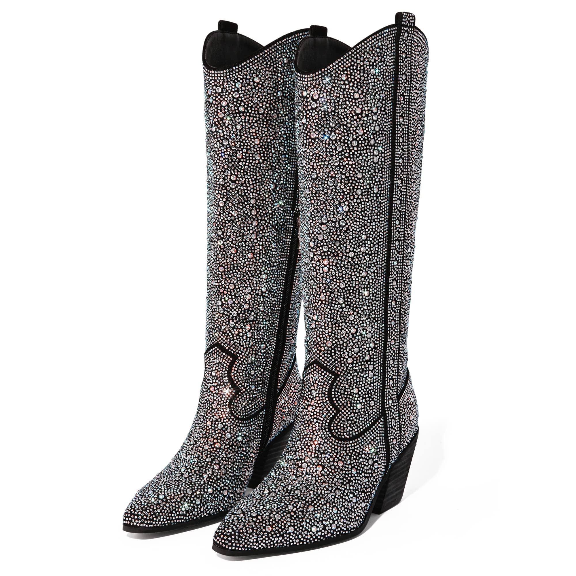 MUCCCUTE Women's Rhinestone Sparkly Cowboy Boots - Mid Calf Glitter Boots with Block Heel for Western Fashion, Party & Night Out
