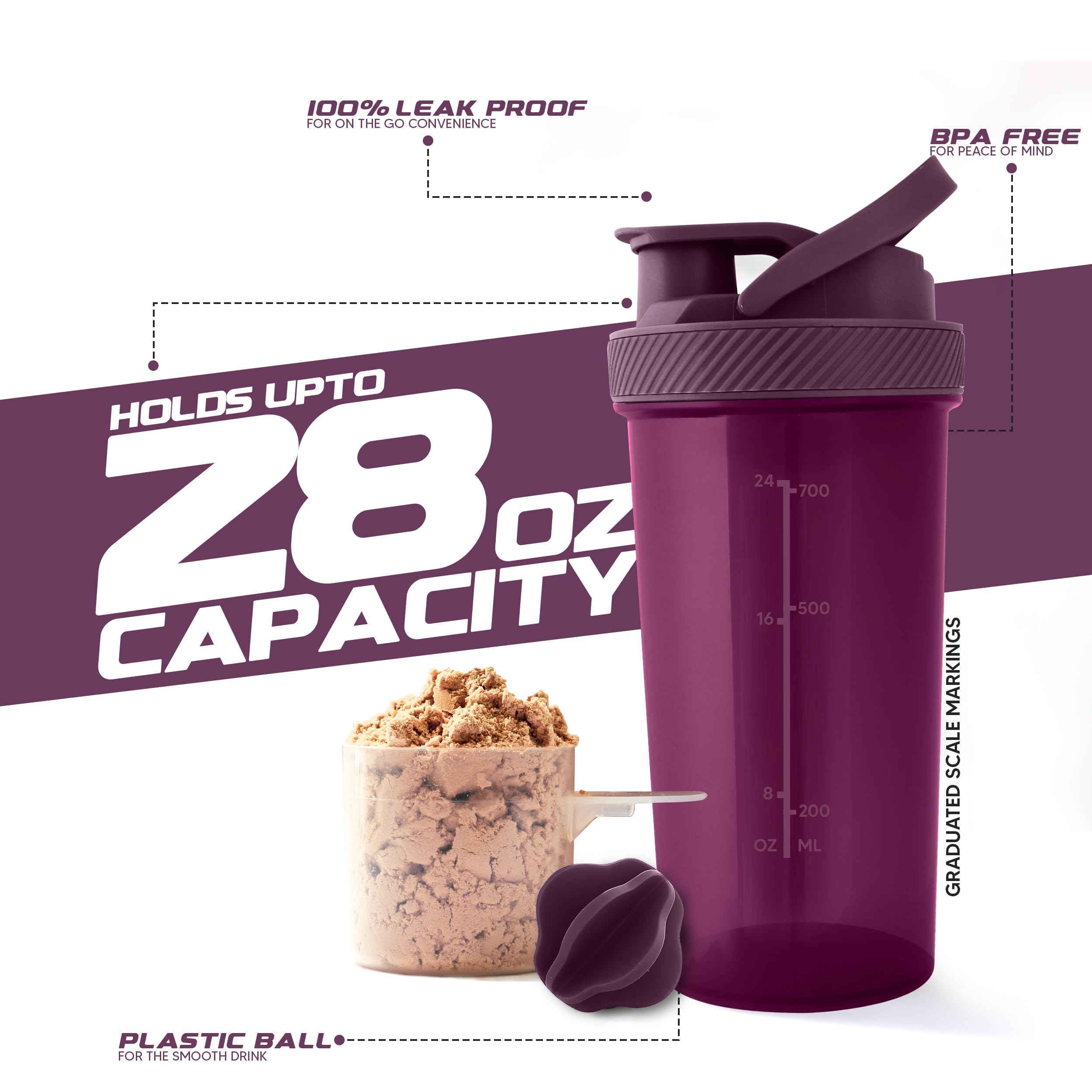 Utopia Home 28-Ounce Protein Shaker Bottle (Pack of 2) - BPA-Free Fitness & Sports Drink Mixer for Protein Powder, Pre-Workout & Smoothies - Perfect for Gym, Workout & Post-Exercise Recovery (Plum & Clear/Plum)