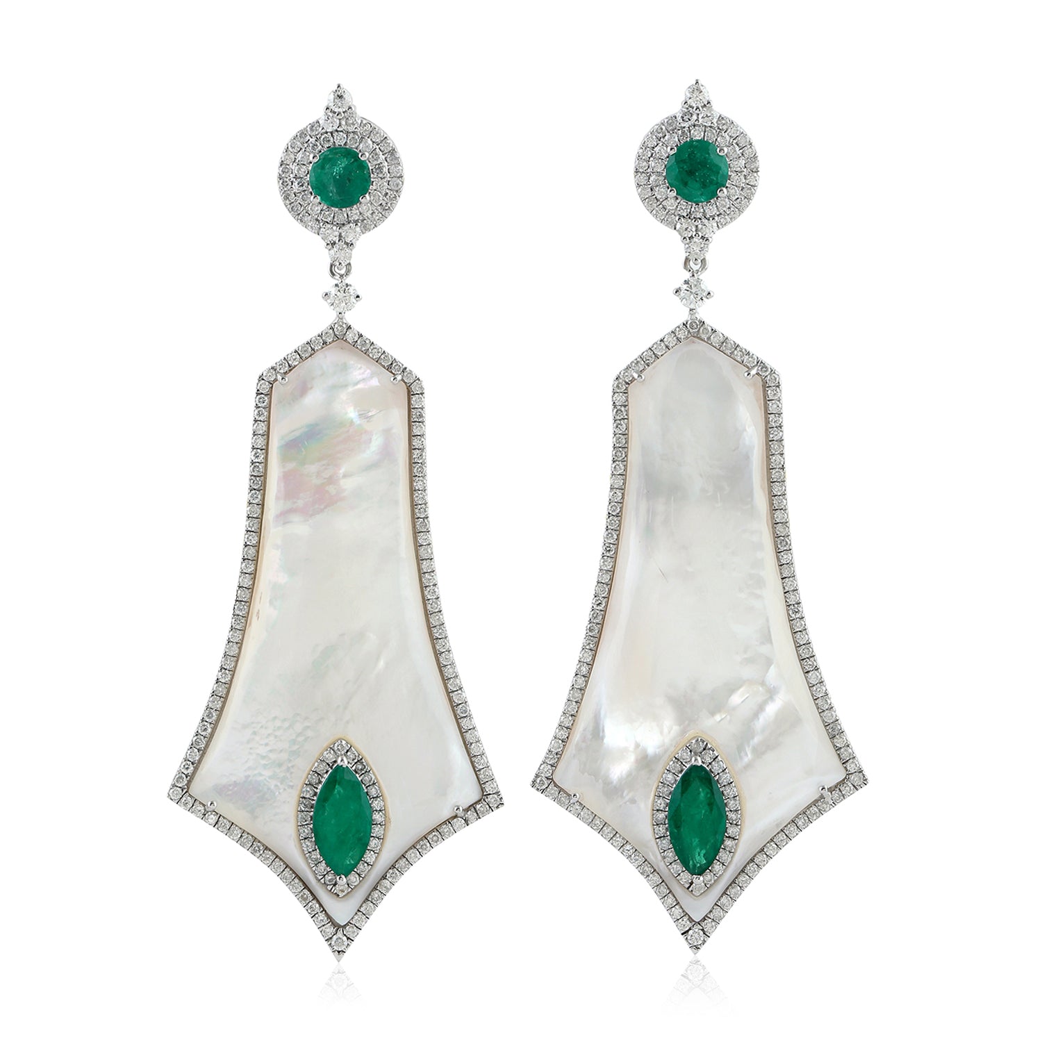 Exquisite Fancy Cut Mother of Pearl Bezel Emerald Pave Diamond Dangle Earrings in 14K White Gold | Elegant Wedding, Party & Evening Wear Jewelry for Women