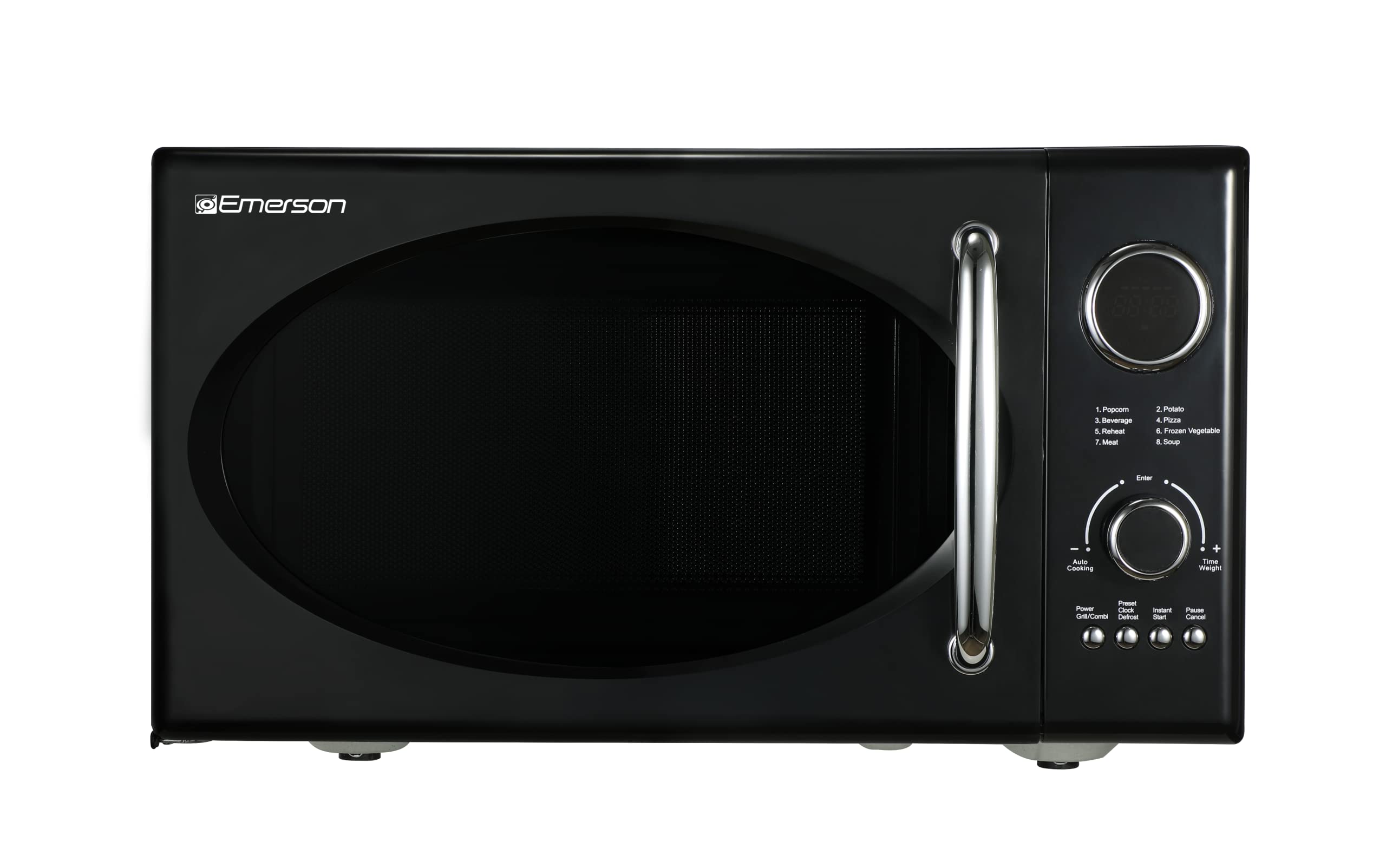 Emerson MWRG0901BK 0.9 Cu. Ft. Retro Black Microwave Oven with Grill - 800W Microwave & 1000W Grill, LED Display, 5 Power Levels, 8 Auto Menus, Glass Turntable & Child Lock - Perfect for Small Kitchens, Dorms & Office Break Rooms