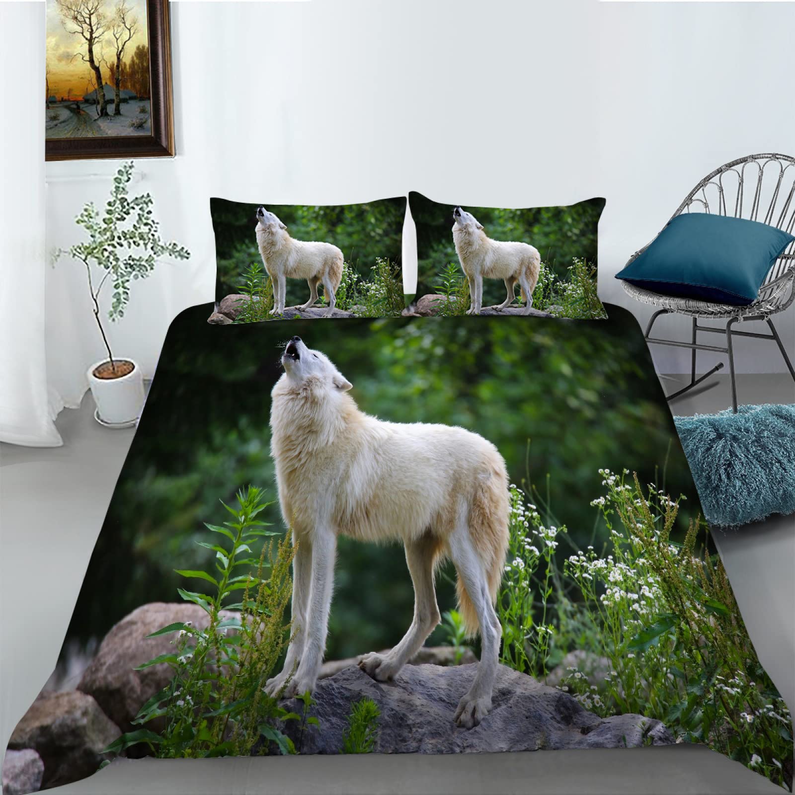 3D Printed Green Wolf Twin Comforter Set - Microfiber Duvet Cover with 2 Pillowcases (20