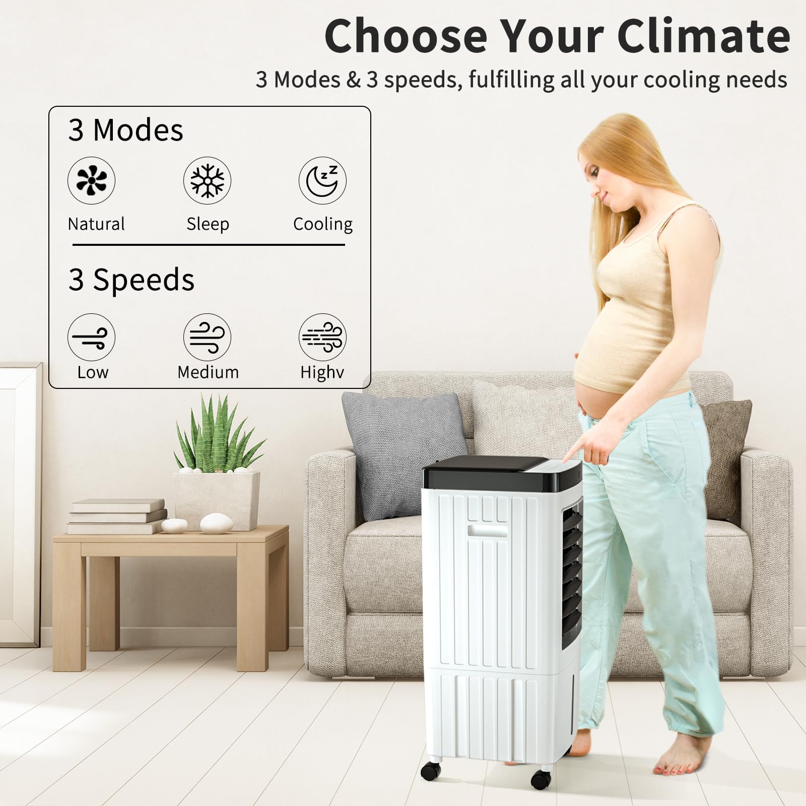 110V Portable Air Conditioner - 3-in-1 Evaporative Air Cooler with 2 Gallon Water Tank, Remote Control, 3 Speed Settings & Timer - Compact AC Unit for Indoor Cooling - Perfect for Office, Bedroom & Home Use (White)