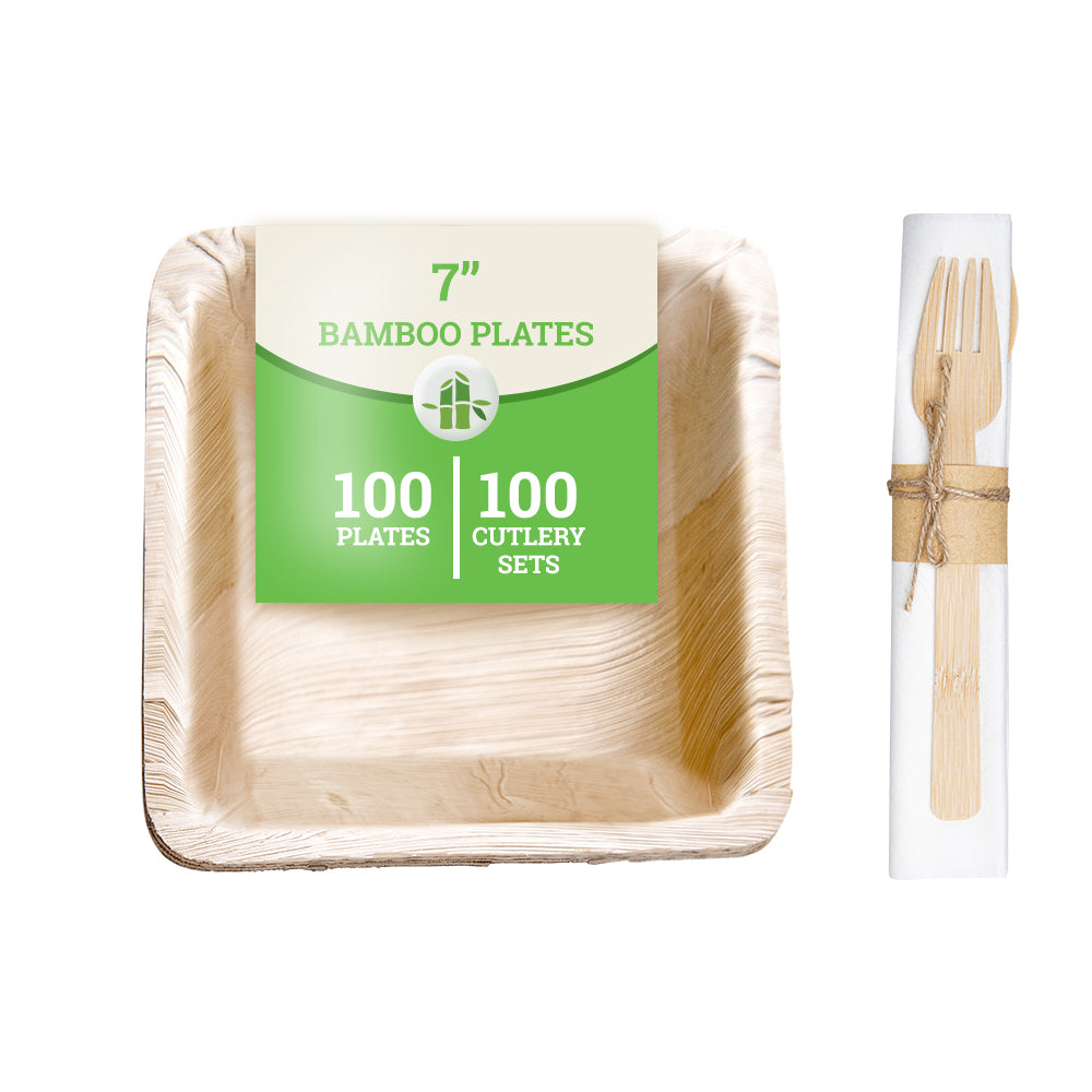 100-Piece Eco-Friendly Bamboo Leaf Salad Plates & 100-Piece Biodegradable Bamboo Flatware Set - Perfect for Picnics, Parties, and Sustainable Dining