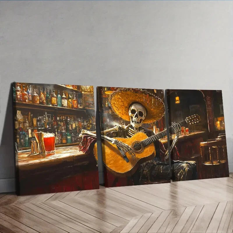 3-Piece Skeleton Playing Guitar in Bar Wall Art Set - 40x60cm Framed Canvas Prints | High Quality Australian Made | Ready to Hang | Perfect for Home, Office & Bar Decor