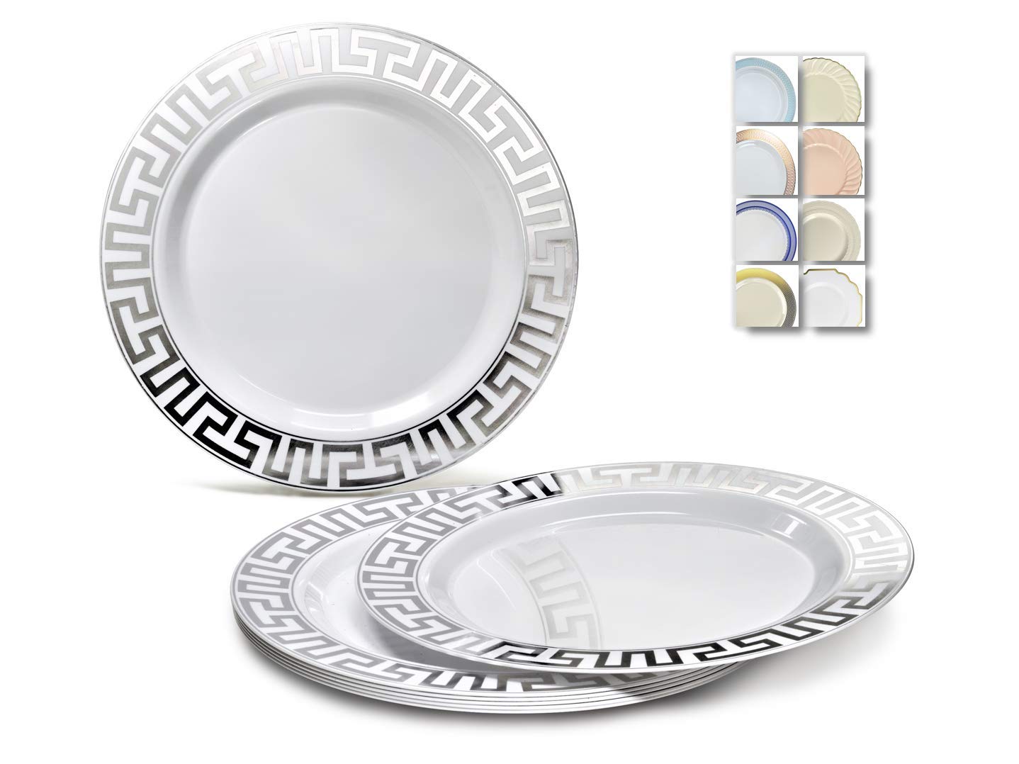 120 Heavyweight Disposable Plastic Plates 10.5 Inch - Elegant White & Silver Milano Design for Weddings, Parties, Events & Special Occasions | Durable Dinner Plates for Catering, Banquets & Home Entertaining