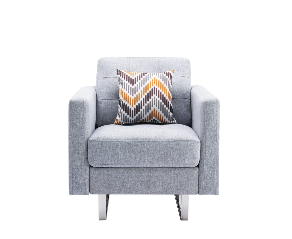 Lilola Home Victoria Light Gray Linen Fabric Armchair with Metal Legs, Side Pockets & Pillow - Modern Living Room Accent Chair for Reading Nook, Bedroom or Office