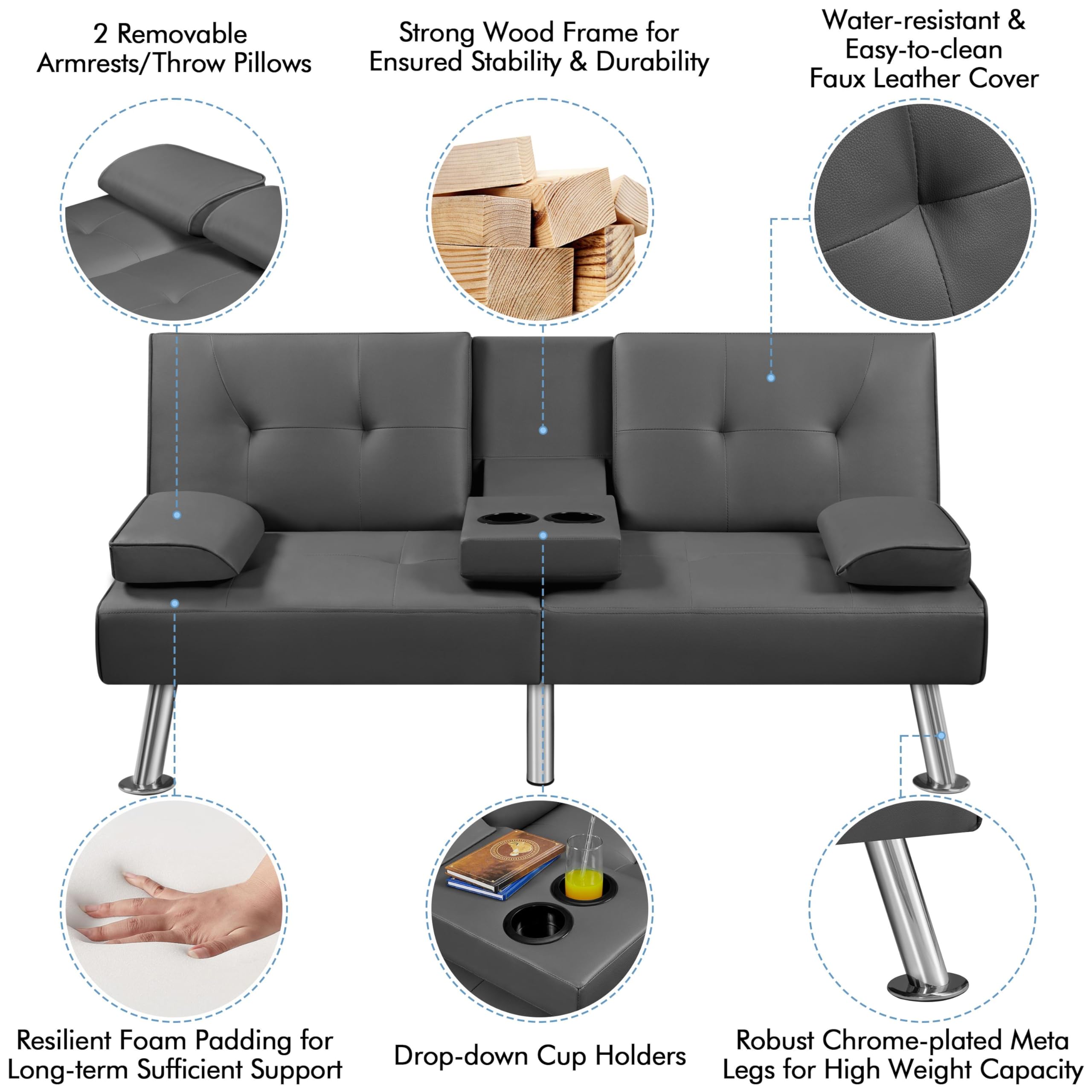 Yaheetech Convertible Sofa Bed - Adjustable Folding Couch Sleeper with Removable Armrests & Cup Holders, 3 Reclining Angles, 772lb Weight Capacity, Modern Faux Leather Loveseat for Living Room, Guest Room & Small Spaces (Gray) - Perfect for Apartments, Dorms and Home Offices