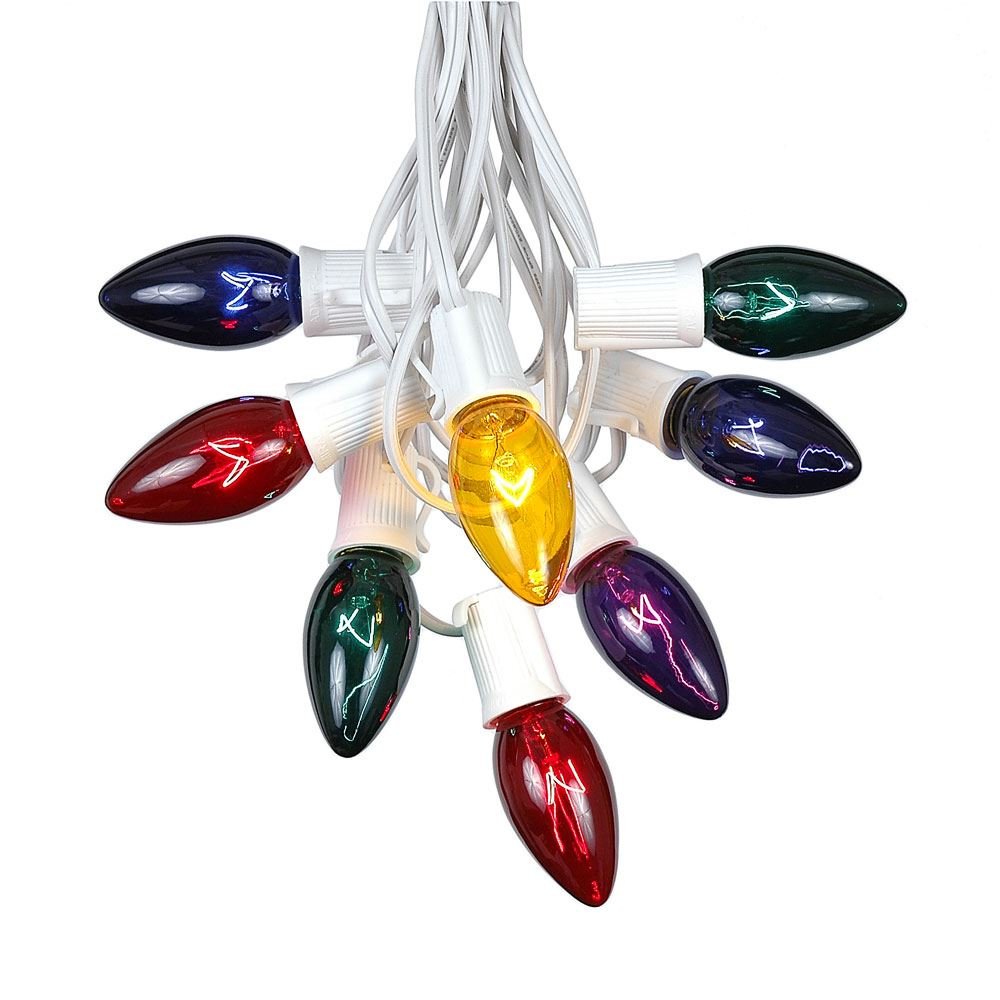100' C9 Multi-Colored Incandescent Christmas String Lights - Outdoor Waterproof Roofline Decorative Lighting for Holiday Decorations, Parties, and Backyard Events (White Wire)