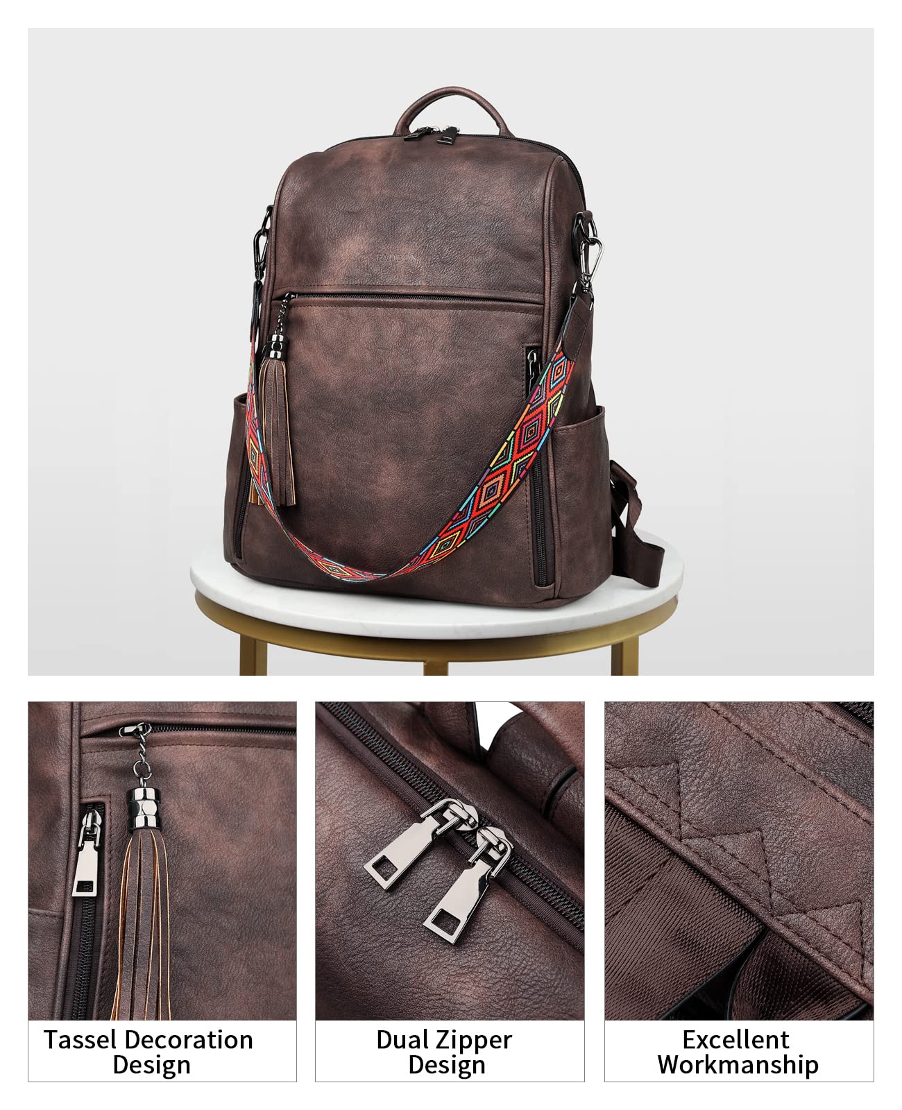 FADEON Women's Leather Backpack Purse - Stylish PU Travel Backpack with Tassel in Coffee Brown | Perfect for Work, College & Weekend Getaways