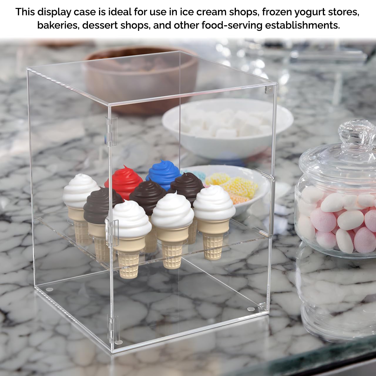 Clear Acrylic Enclosed Ice Cream Cone Display Cabinet - 9 Hole Storage for Sugar/Waffle Cones with Silver Handle & Door Closure - Perfect for Ice Cream Shops, Bakeries & Dessert Displays