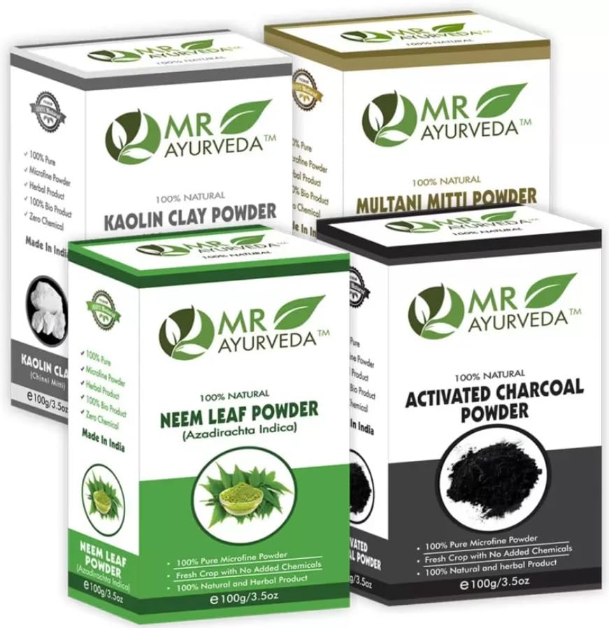 MR Ayurveda Multani Mitti Powder, Neem Powder, Kaolin Clay & Activated Charcoal Powder - 4 Pack (100g Each) | Natural Skincare & Hair Care for Face Mask, Acne Treatment & Detox | Vegan & Cruelty-Free Beauty Products