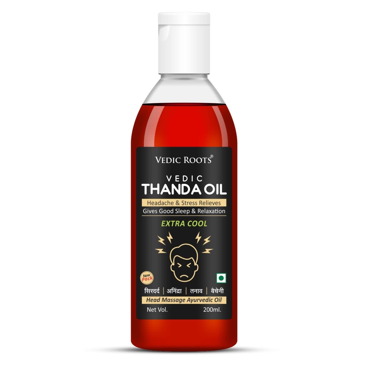 Vedic Roots Extra Cooling Herbal Hair Oil for Headache & Stress Relief | Bhringraj Amla Ratan Jyot Formula | Promotes Relaxation & Better Sleep | 200ml | Ideal for Scalp Massage, Ayurvedic Hair Care & Daily Stress Management