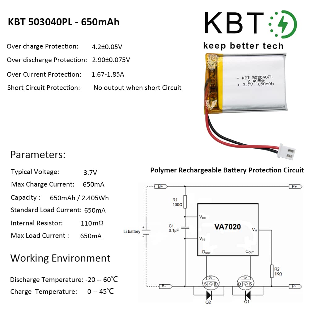 KBT 3.7V 650mAh 503040 Li-Polymer Rechargeable Battery with JST Connector - Perfect for RC Drones, DIY Electronics & Portable Devices