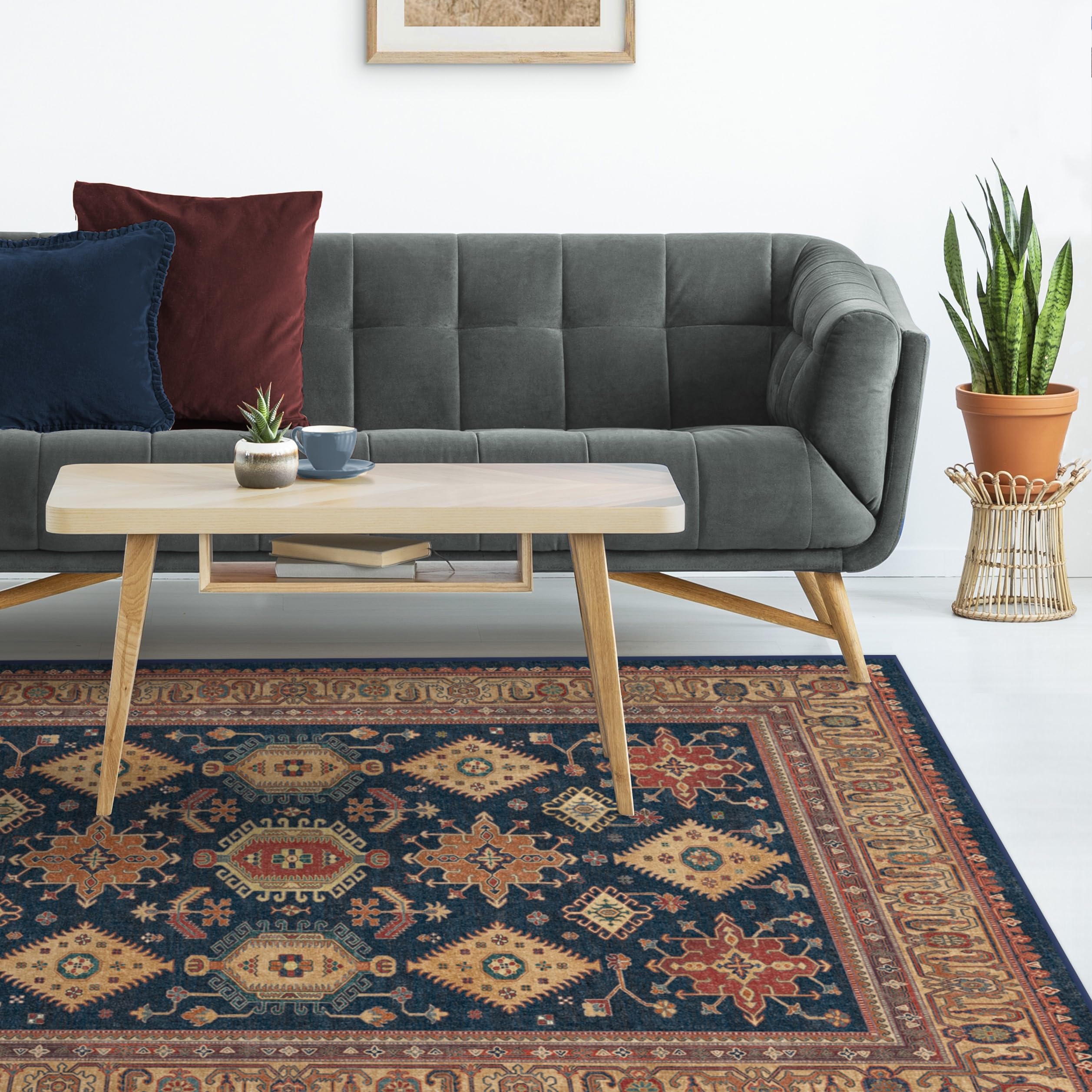 Ruggable Washable 5x7 Area Rug - Cambria Sapphire Vintage Design | Non-Slip Gripper Pad Included | Perfect for Living Room, Bedroom, Kitchen, Office & Classroom | Easy to Clean Machine Washable Rug for High Traffic Areas