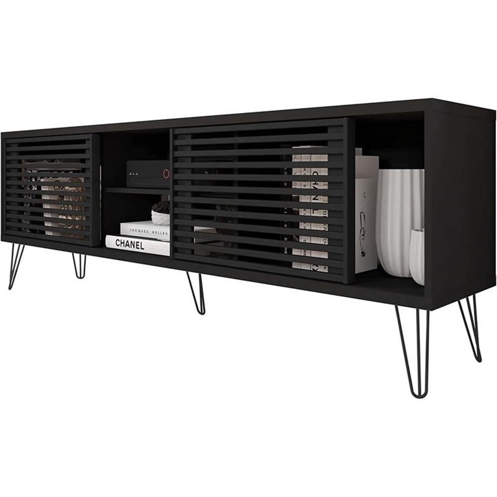 Better Home Products Black Mid-Century Modern TV Stand for 70 Inch Flat Screen - Perfect for Living Room, Home Theater & Entertainment Center Setup