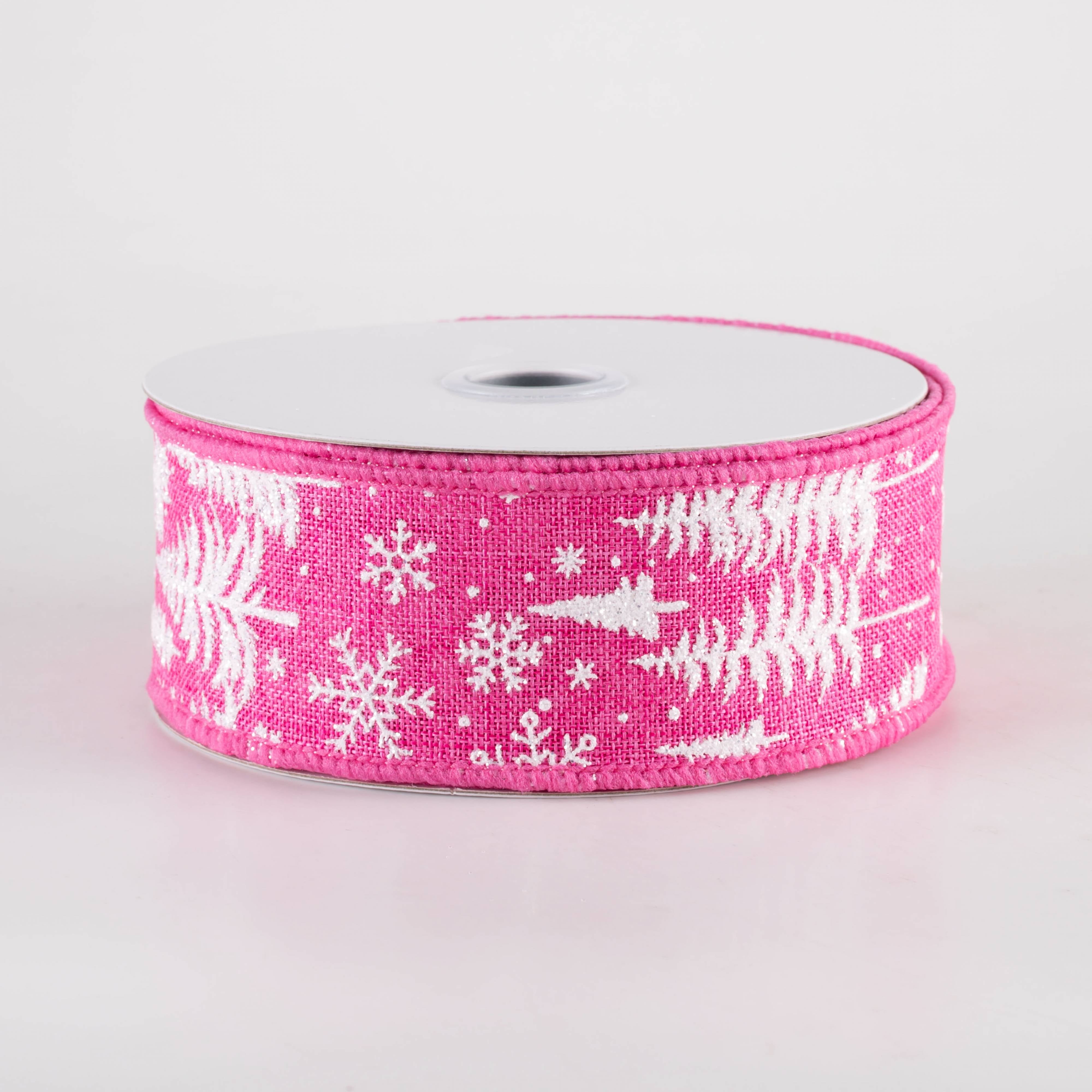 1.5 Inch Pine Trees & Snowflakes Christmas Ribbon - Hot Pink Decorative Ribbon (10 Yards) for Gift Wrapping, Holiday Decorations, Tree Trimming and DIY Crafts