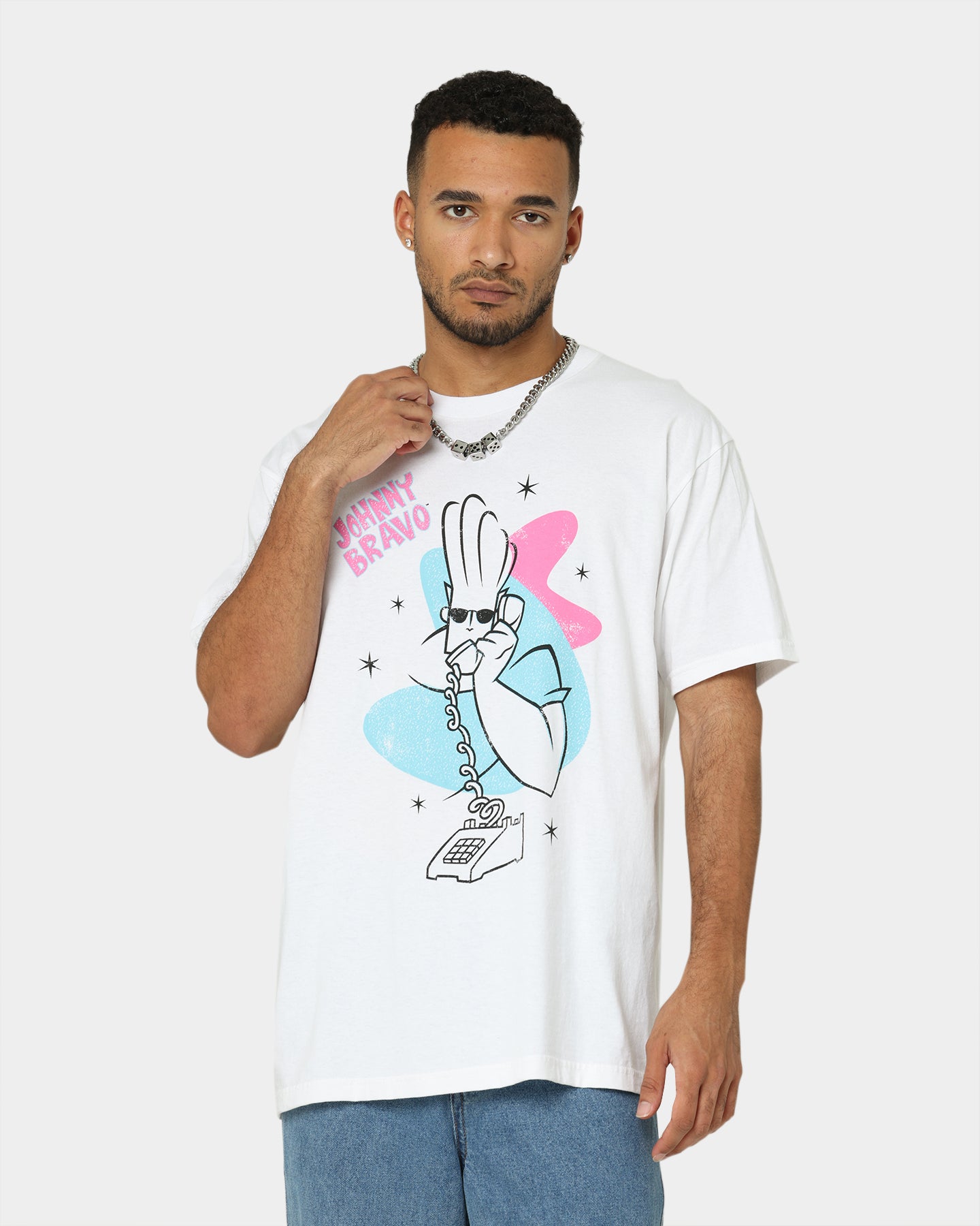 Johnny Bravo Dial A Hunk Graphic T-Shirt - White Cotton Vintage Tee for Men - Perfect for Casual Wear, Cosplay & 90s Cartoon Fan Gifts