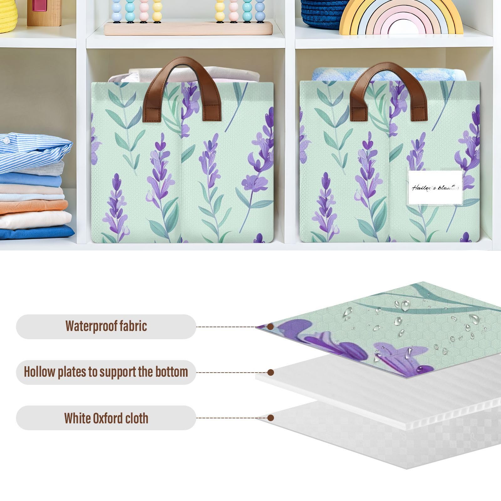 Foldable Storage Bins with Handles - 2 Pack Lavender Purple Fabric Shelves & Cubes (16.9