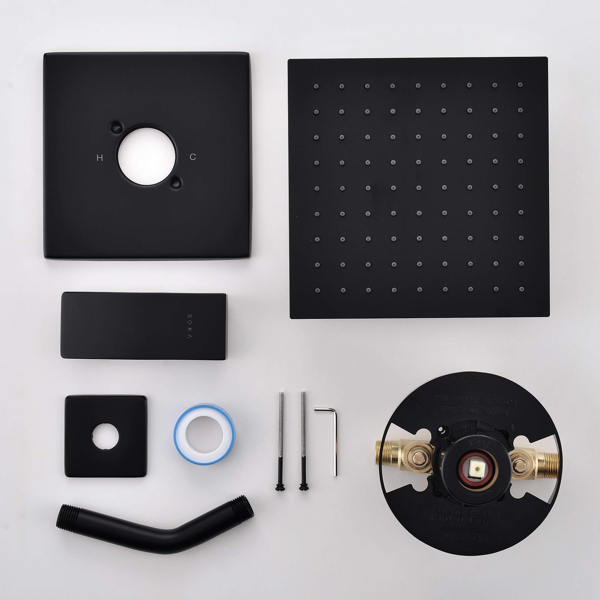 SOKA Matte Black Shower Faucet Set - 8 Inch Rainfall Shower Head with Pressure Balance Valve | Modern Square Shower System for Bathroom | Perfect for Spa-Like Experience & Luxury Home Renovation