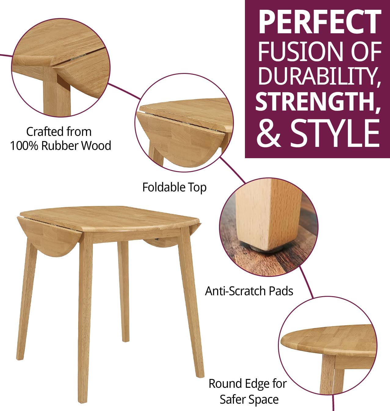 Hallowood Ledbury Small Drop Leaf Round Dining Table - Solid Wood Folding Kitchen Table in Oak Finish for Home, Café & Small Spaces | Perfect for Apartments, Breakfast Nooks & Cozy Dining Areas