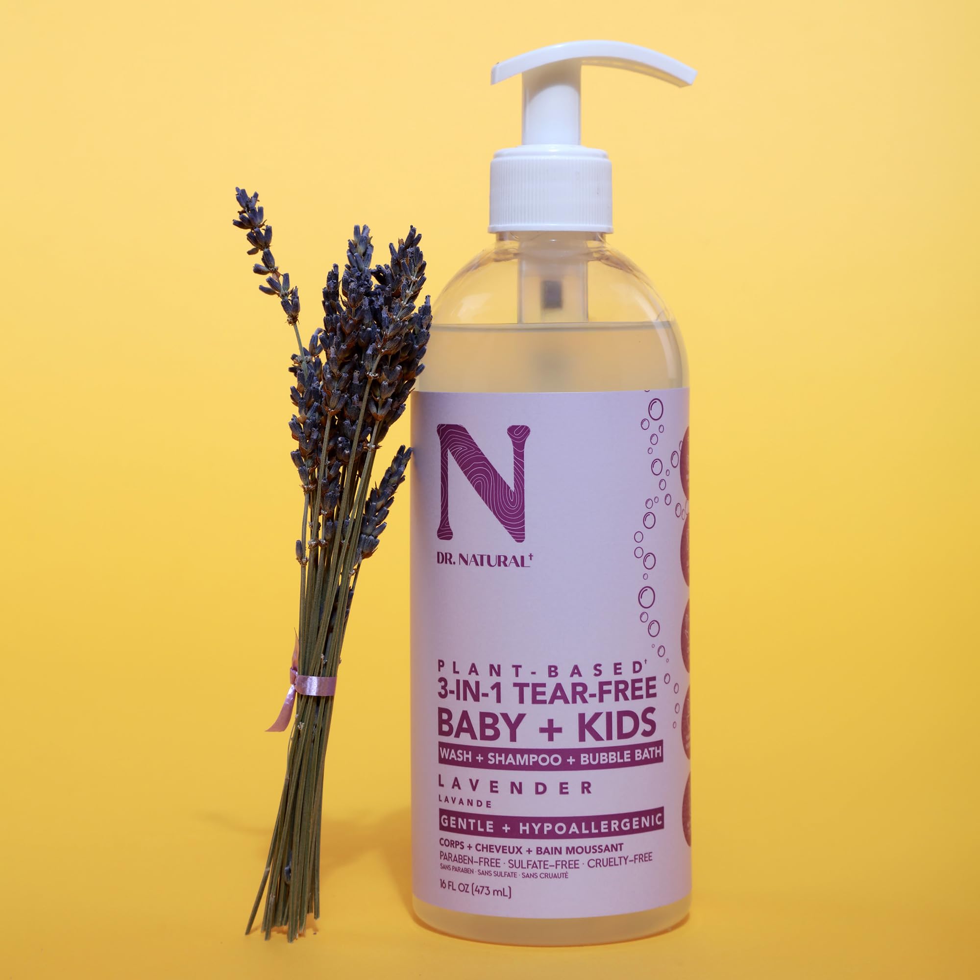 Dr. Natural 3-in-1 Tear-Free Baby & Kids Soap - Lavender Scented 16 oz | Plant-Based Shampoo & Body Wash | Sulfate-Free, Paraben-Free, Hypoallergenic for Sensitive Skin | Infused with Essential Oils | Gentle Cleansing for Newborns, Toddlers & Children | Perfect for Bath Time, Daily Hygiene & Sensitive Skin Care