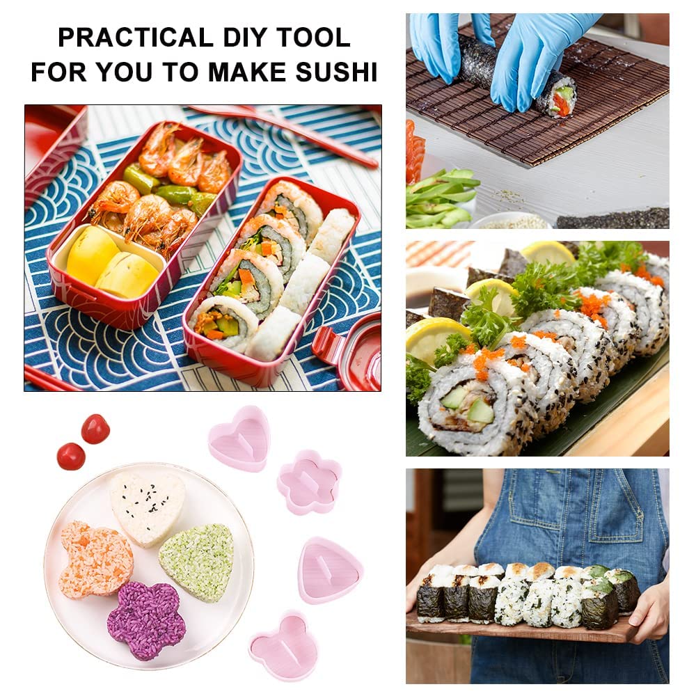 4PCS Pink Onigiri Mold Sushi Making Kit - Triangle, Heart, Bear & Plum Blossom Rice Ball Molds with Rice Paddle - DIY Bento Tools for Kids, Home Cooking & Japanese Food Lovers - Perfect for School Lunches, Party Snacks & Family Meal Prep
