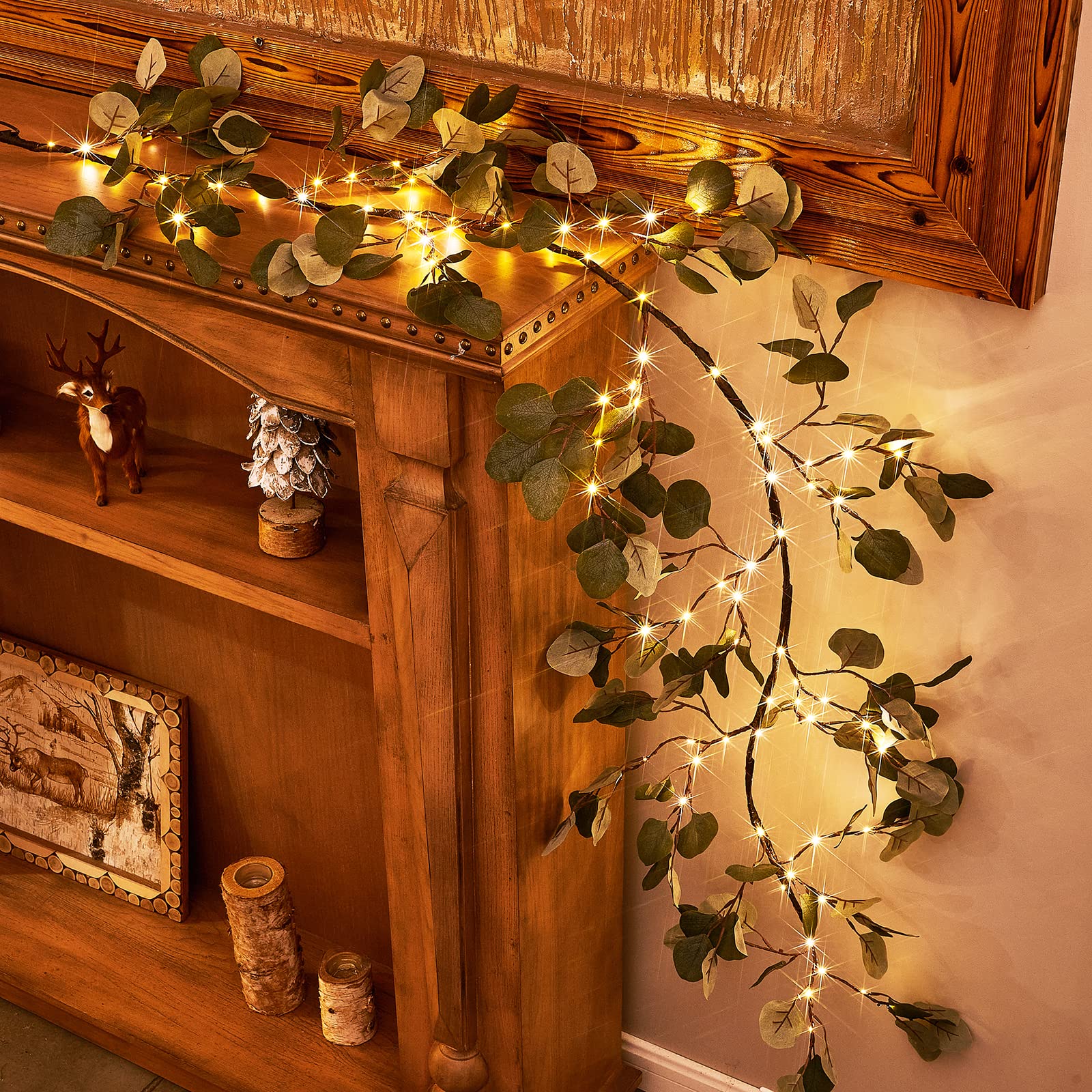 96 LED Fairy Lights 6FT - Battery Operated Decorative Garland with Timer, Lighted Eucalyptus Twig for Indoor Outdoor Use - Perfect for Bedroom, Stairs, Party, Holiday, Wedding & Christmas Decorations