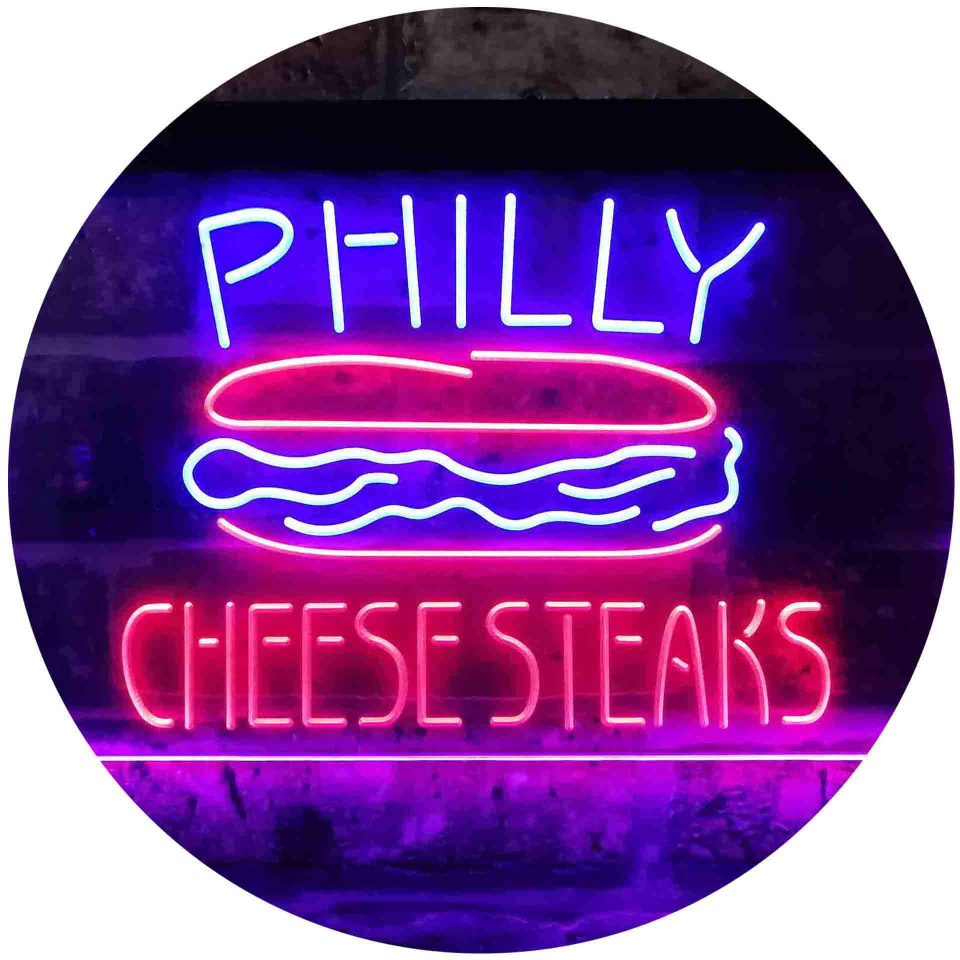 ADVPRO Philly Cheese Steaks Café Dual Color LED Neon Sign - Blue & Red 24x16 Inches - Vintage Diner Decor for Restaurants, Bars & Home Kitchen Wall Art