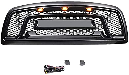 Rebel Style Front Replacement Grill for Ram 1500 2009-2012 | Matte Black Grille Kit with Amber LED Lights & RAM Letter Badge | Truck Accessories Upgrade for Off-Road & Street Customization