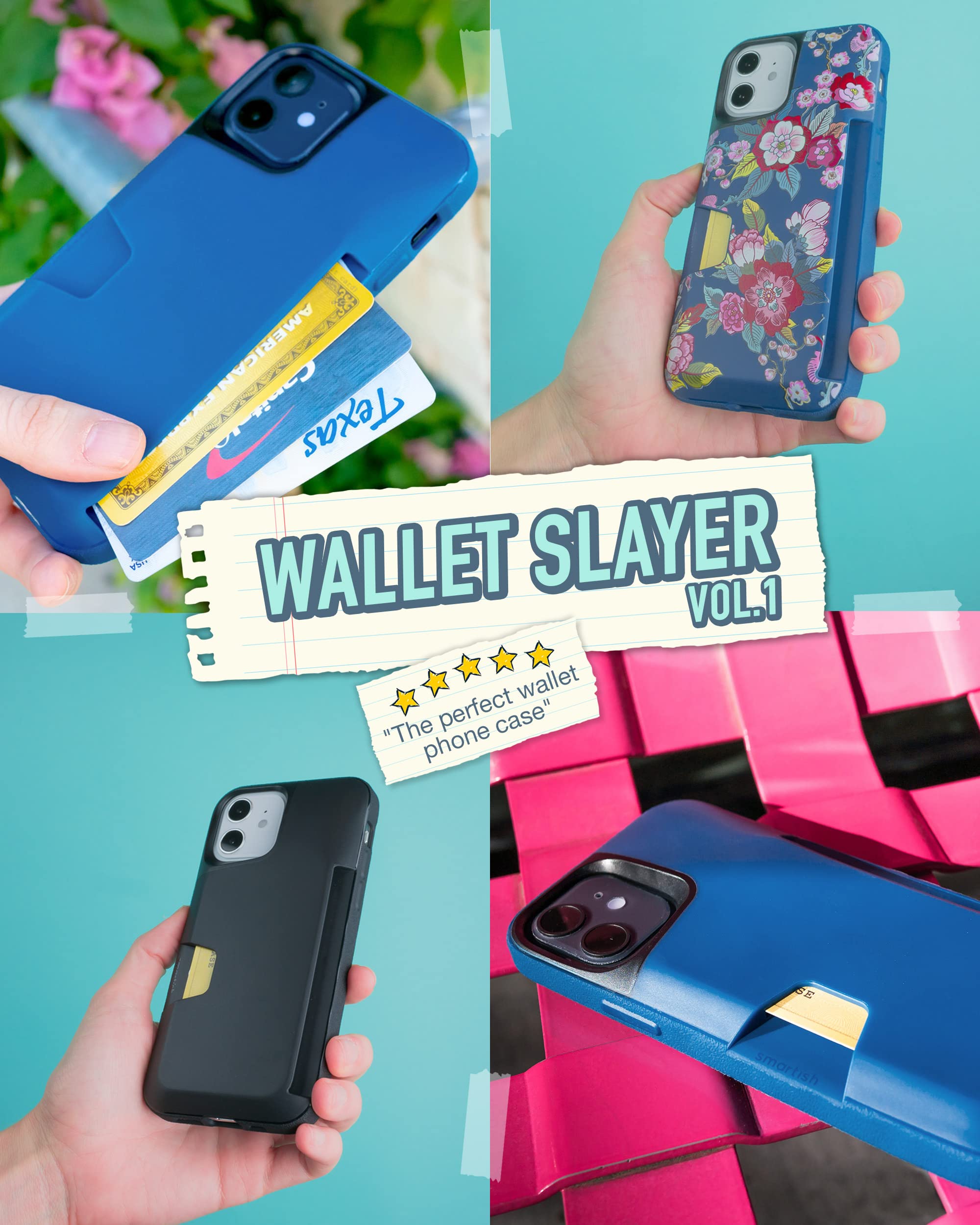 Smartish iPhone 12/12 Pro Slim Protective Wallet Case with Credit Card Holder - Wallet Slayer Vol.1 Silk Cover (Blues on The Green) | Perfect for Everyday Use, Travel & Secure Card Storage
