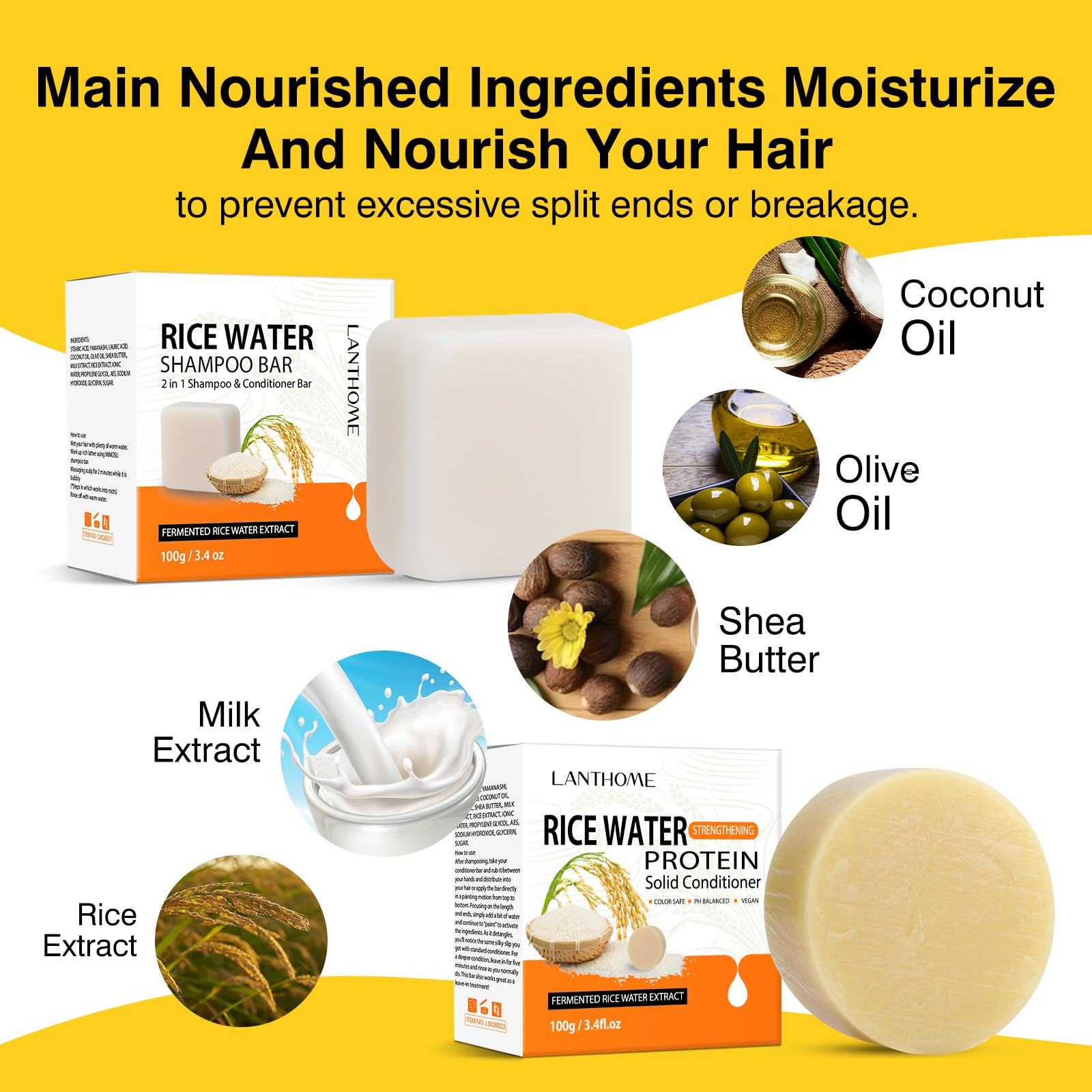 Vegan Fermented Rice Water Shampoo Bar & Protein Conditioner Set for Hair Growth - Sulfate Free, PH Balanced for Damaged & Thinning Hair - 2 Pack (6.8oz) - Perfect for Daily Hair Care & Travel Use
