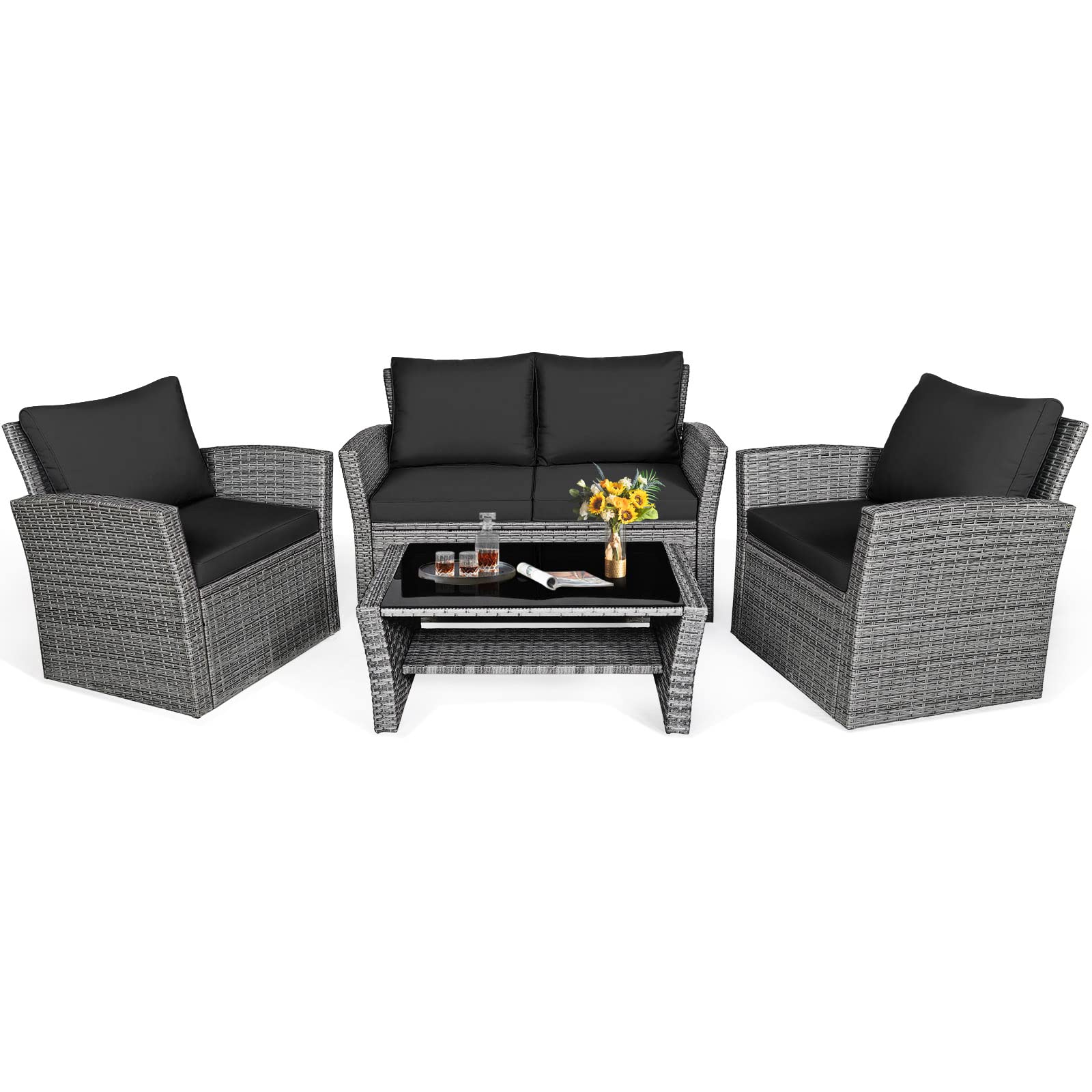 HappyGrill 4-Piece Outdoor Patio Conversation Set - Black Rattan Wicker Sofa with Cushions & Coffee Table - Perfect for Garden, Porch, Balcony, Poolside & Backyard Relaxation