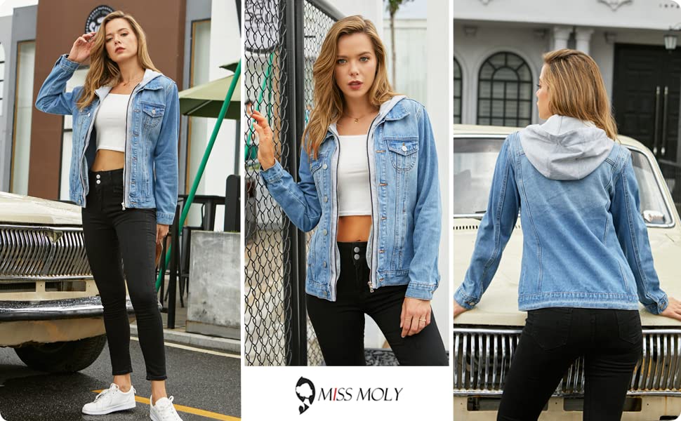 MISS MOLY Women's Denim Jacket with Hood - Casual Layered Drawstring Jean Coat with Pockets | Perfect for Spring/Fall Outfits, Streetwear & Everyday Wear