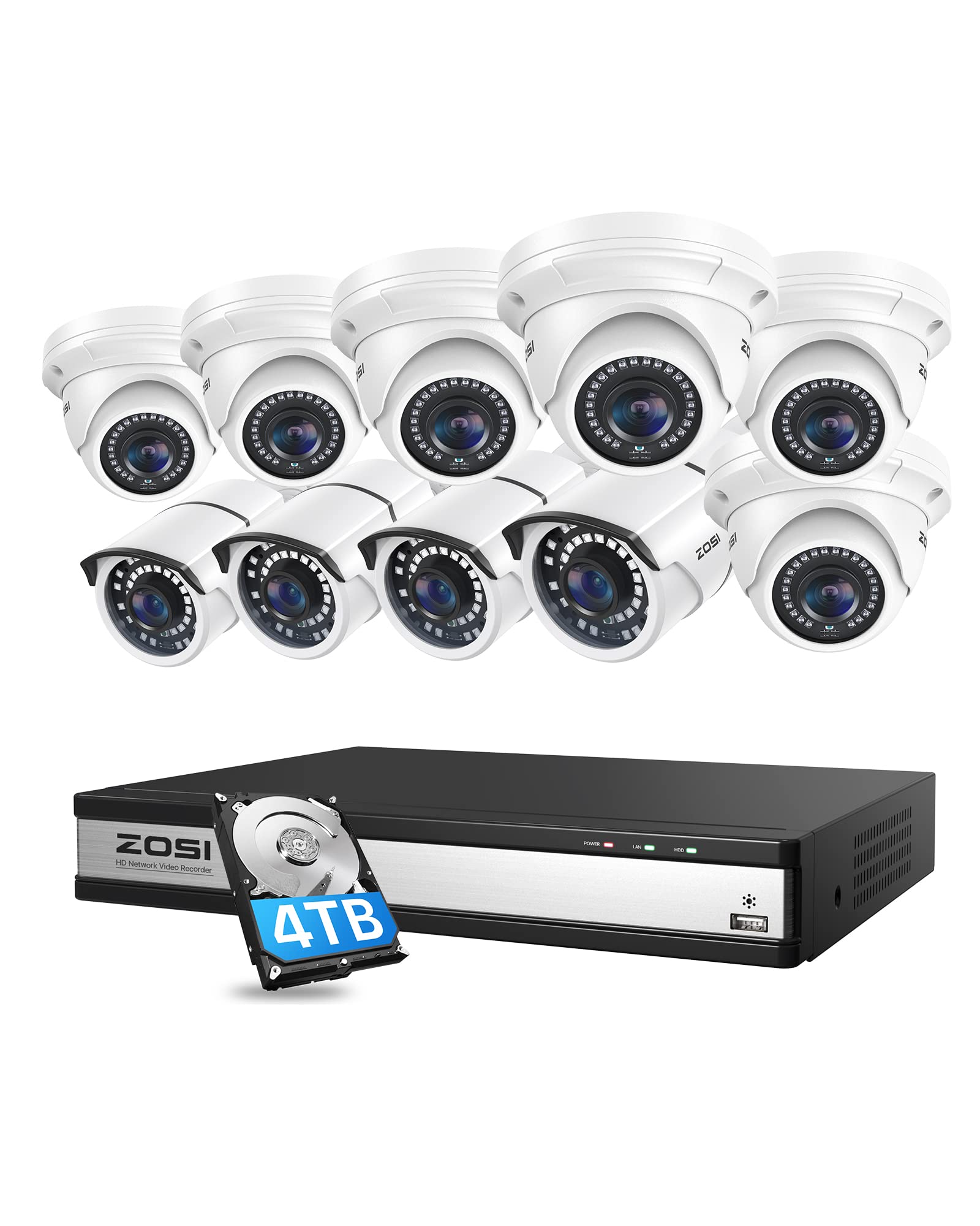 ZOSI 16CH 4K PoE Security Camera System with 4TB HDD - 10pcs 5MP Outdoor/Indoor IP Cameras, H.265+ 16CH 8MP NVR, 120ft Night Vision, Remote Access, 24/7 Recording - Ideal for Home Security, Business Surveillance & Property Monitoring