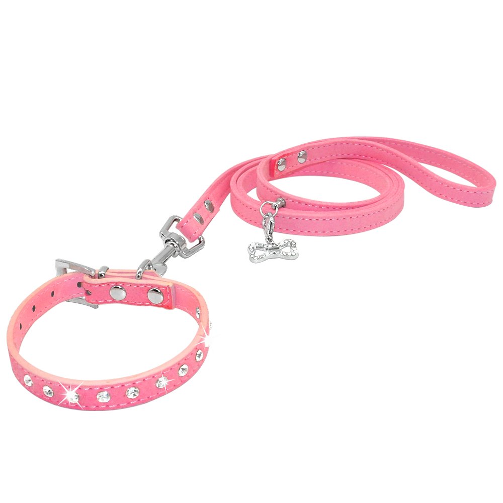 Sparkling Rhinestone Studded Suede Leather Dog Collar & Leash Set for Small Dogs - 10