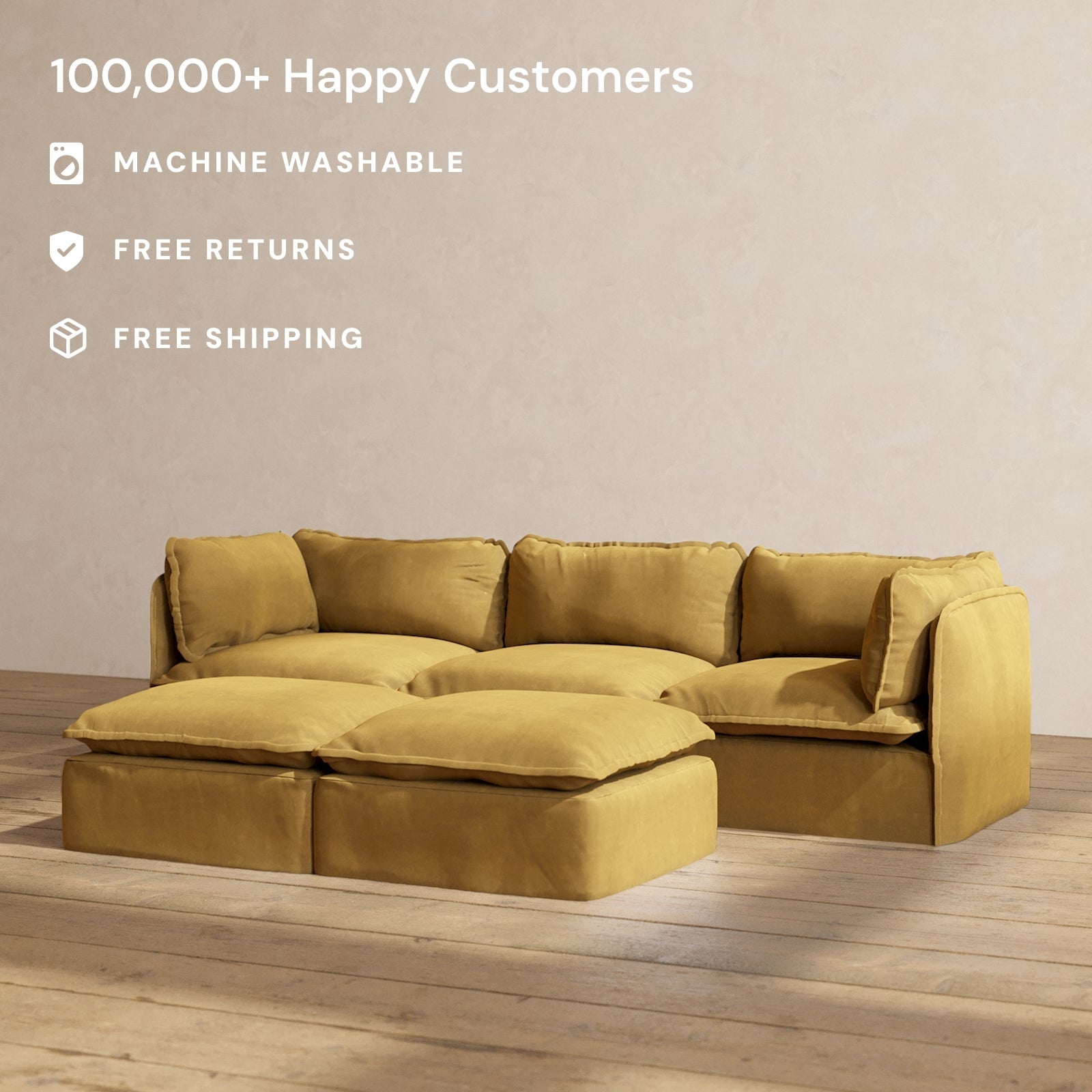 Modular Performance 3-Seater Sofa with Bench Ottoman in Toffee - Deluxe Blend Fabric | Comfortable Sectional Couch for Living Room, Family Room & Lounge Areas
