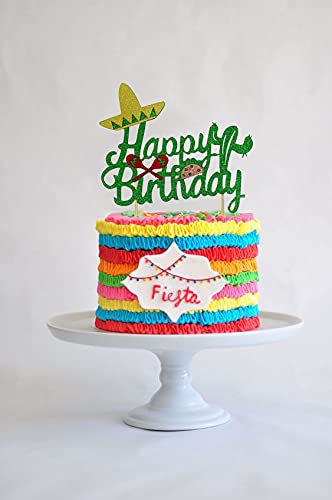 Mexican Cactus Birthday Cake Topper with Taco & Maracas - Happy Birthday Party Decorations for Mexican Theme Celebrations, Fiesta & Cinco de Mayo Parties